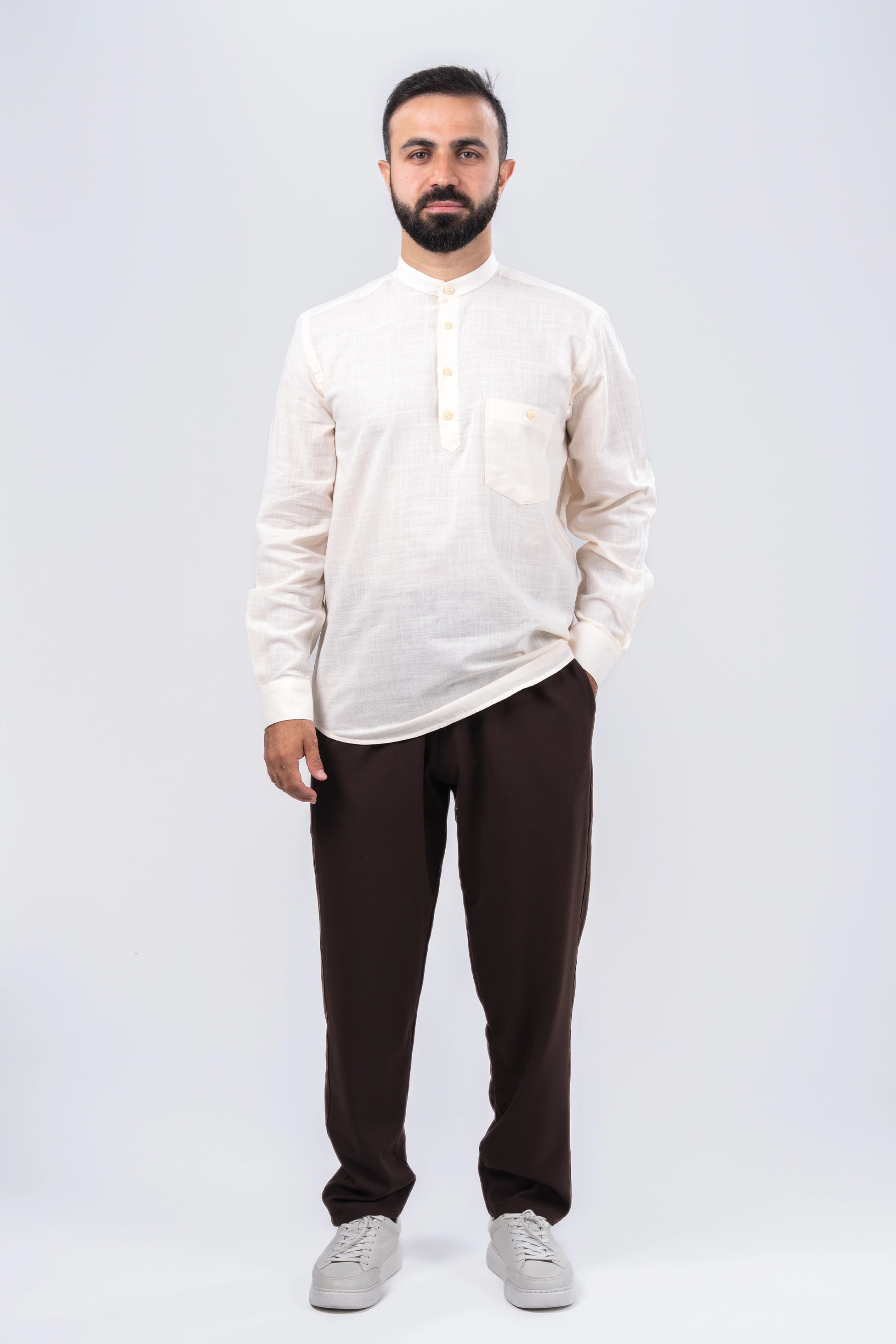 Krem 4 Düğme Gömlek & Şalvar Kombin