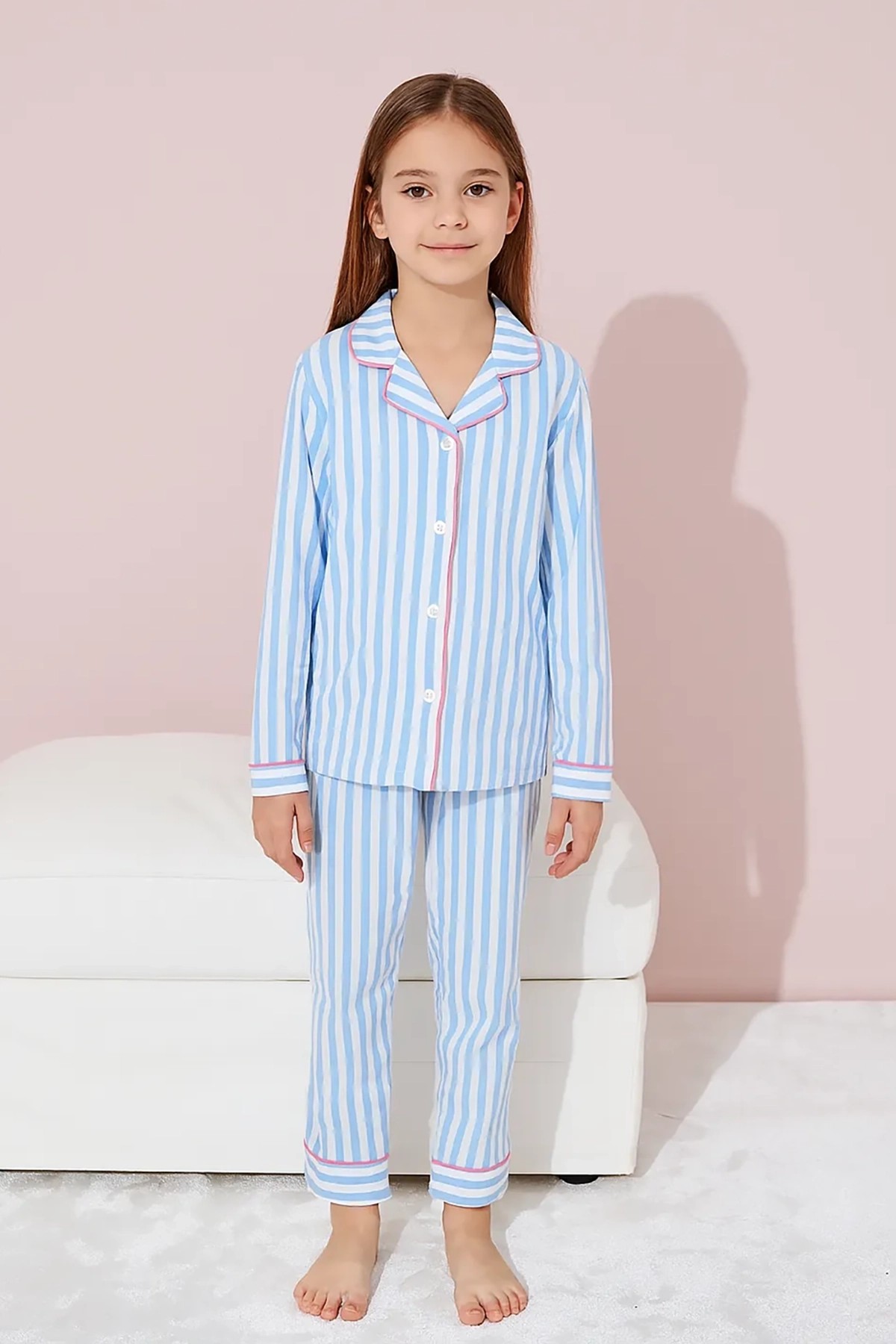 Pamuklu Düğmeli Uzun Kollu Pijama Takımı - 1507 -1508 - Mavi