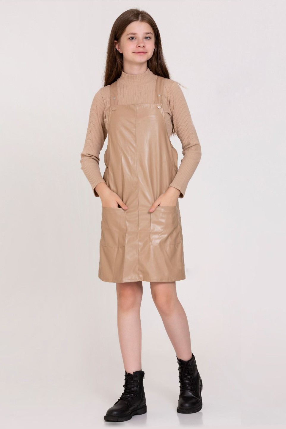Basıc Deri Çıtçıtlı Elbise 23141 - Bej