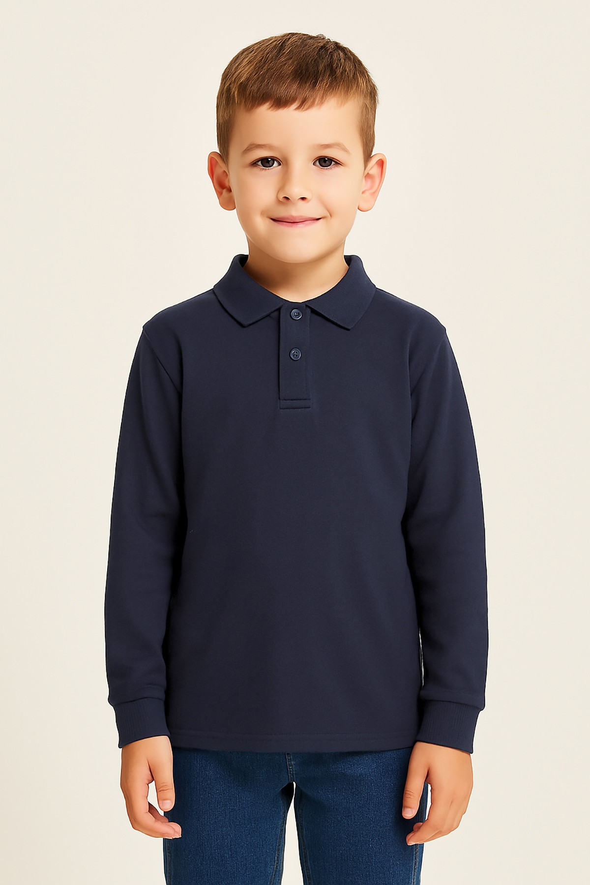 Unisex Uzun Kollu Polo Yaka Pamuklu Okul Tshirt - 2309 - Lacivert