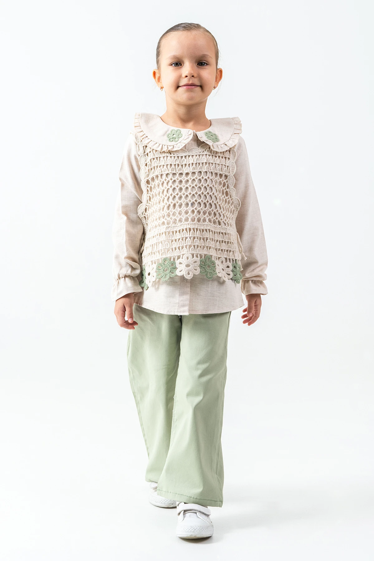 Örme Çiçek Detaylı Kız Çocuk 3'lü Takım - 26K 4479 - Yeşil