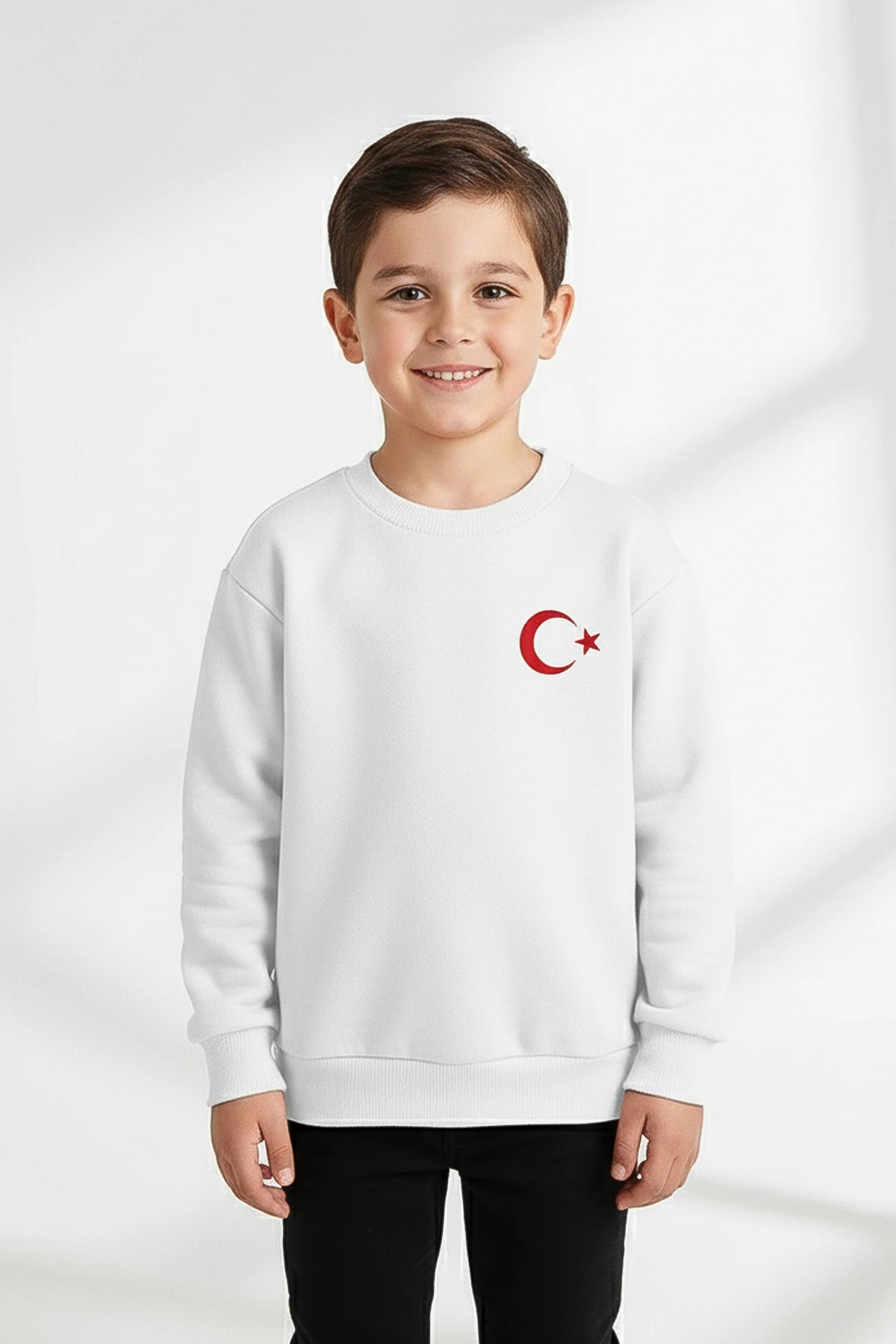 Türk Bayrak Baskılı Kalın Çocuk Sweatshirt - 26K 1627 - Beyaz
