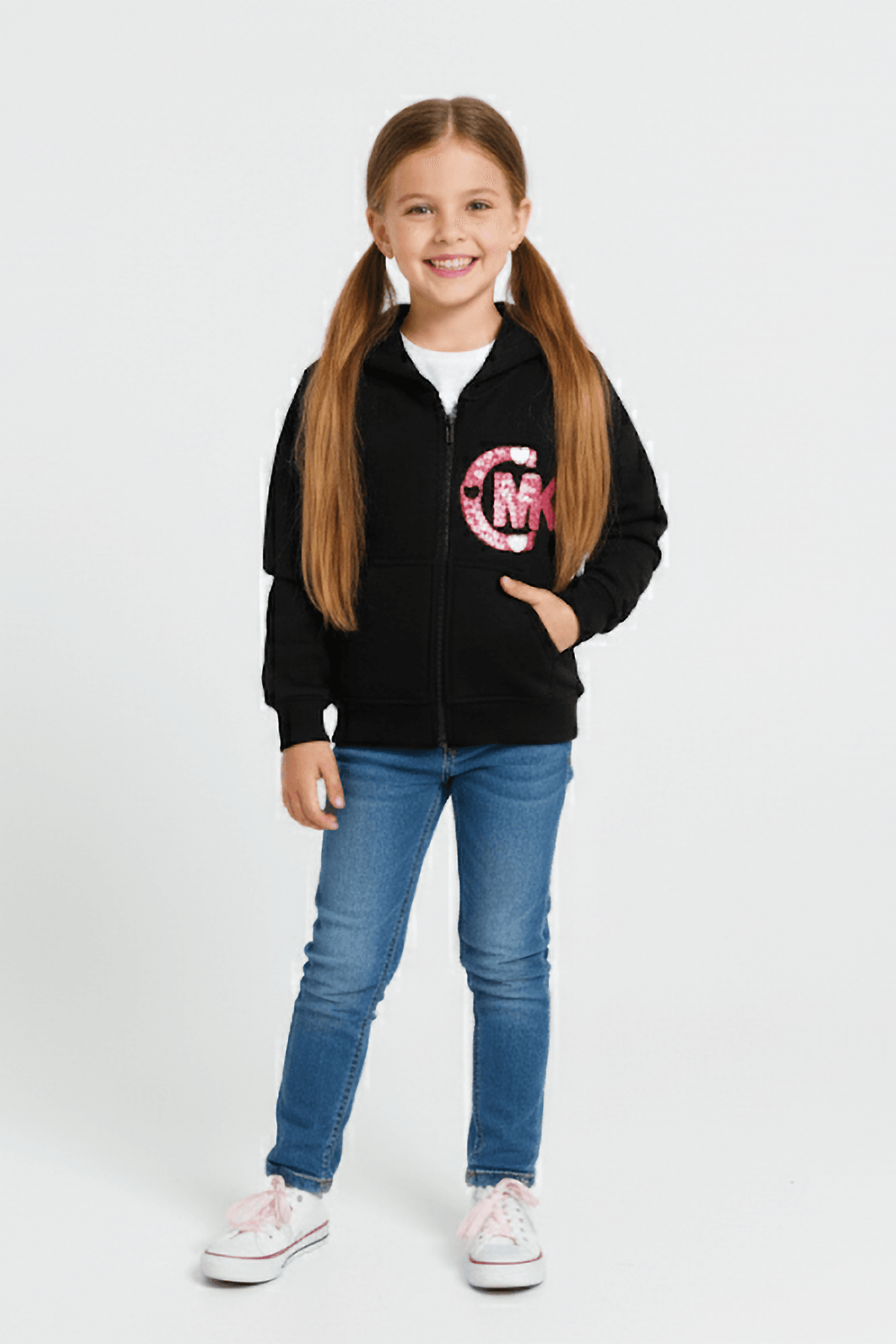 Kapüşonlu Kız Çocuk Kalın Fermuarlı Sweatshirt - Siyah