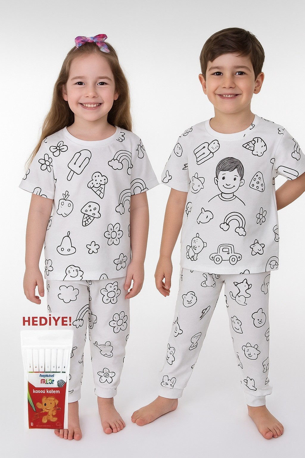 Özel Kalemli Boyanabilir Kısa Kollu Çocuk Pijama Takımı 012