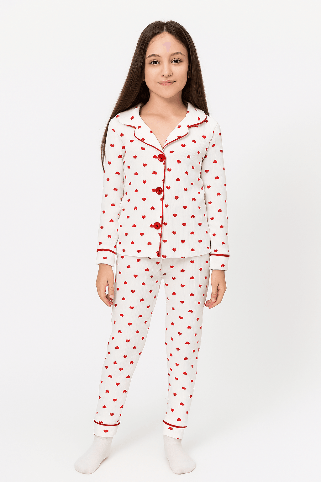Kız Çocuk Pamuklu Düğmeli Uzun Kollu Pijama Takımı - 1507 -1508 - Kırmızı