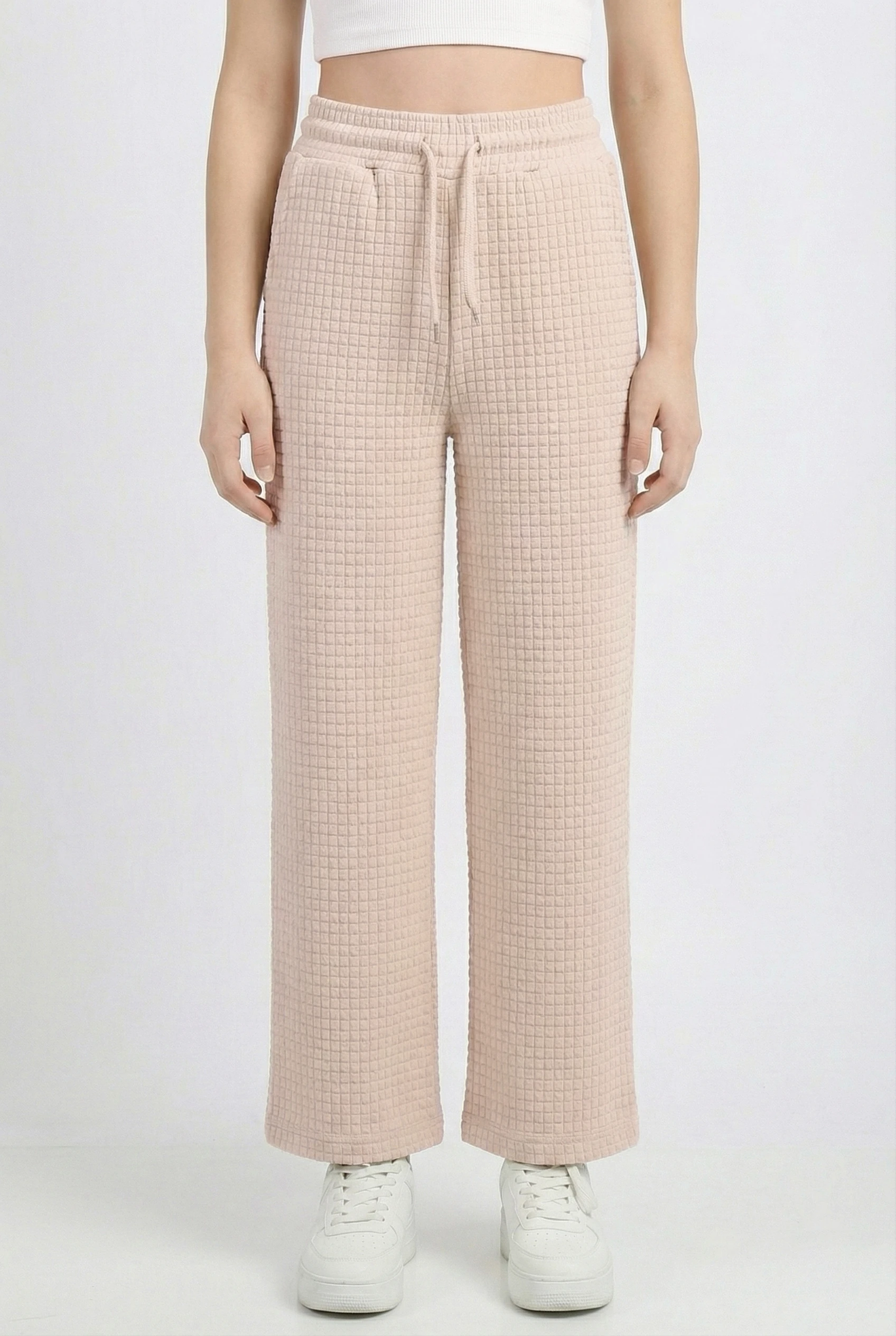 Kareli Bol Paça Yüksek Bel Kız Çocuk Pantolon - 26K 1643 - Bej