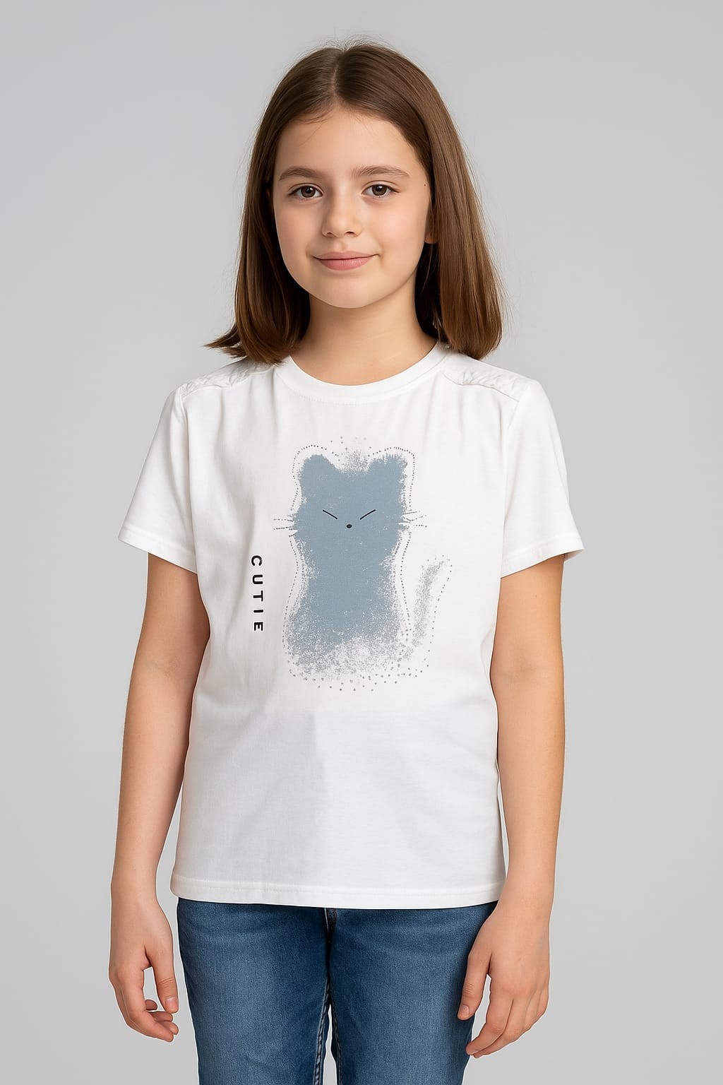 KEDİ BASKILI KISA KOLLU KIZ TİŞÖRT 3732