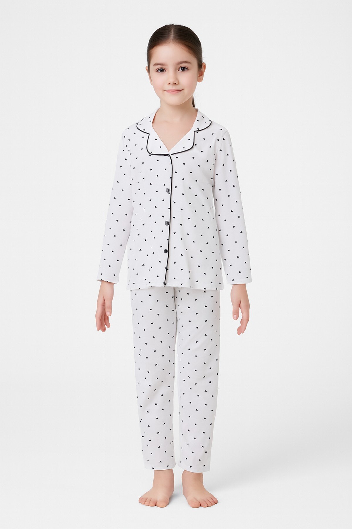 Pamuklu Düğmeli Uzun Kollu Pijama Takımı - 1507 -1508 - Beyaz