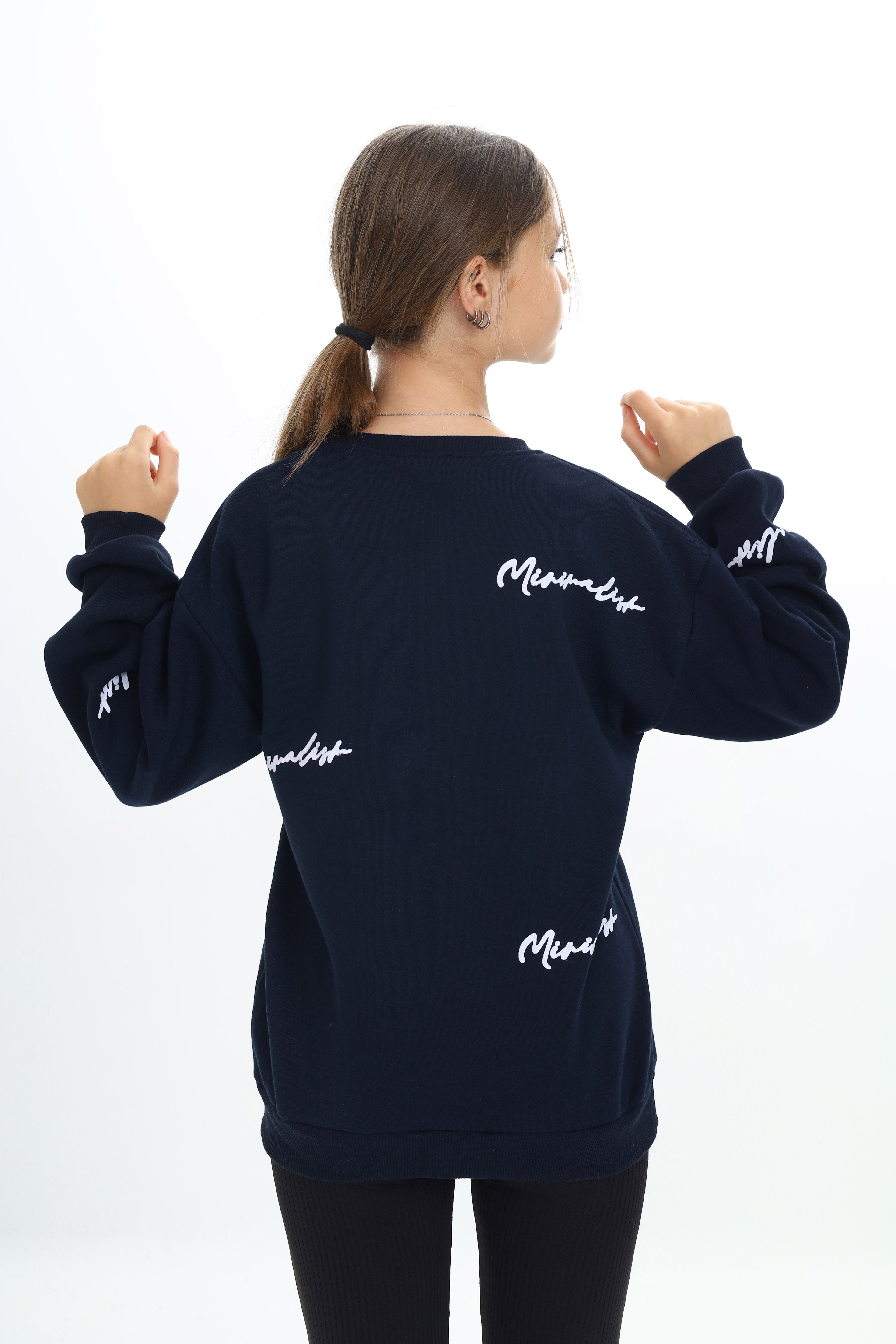 ATB-502872-3 Minimalist Baskılı Bisiklet Yaka 3 İplik Sweatshirt