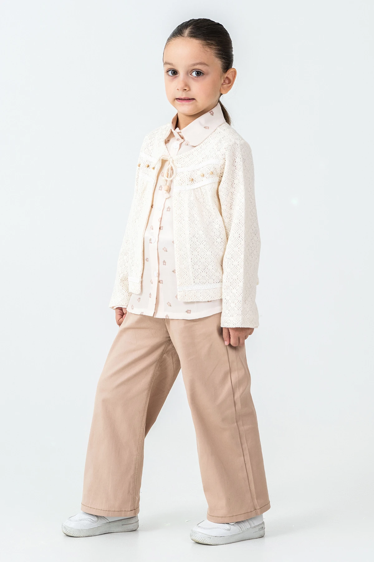 Yakası Bağlamalı Kız Çocuk 3'lü Takım - 26K 4499 - Bej