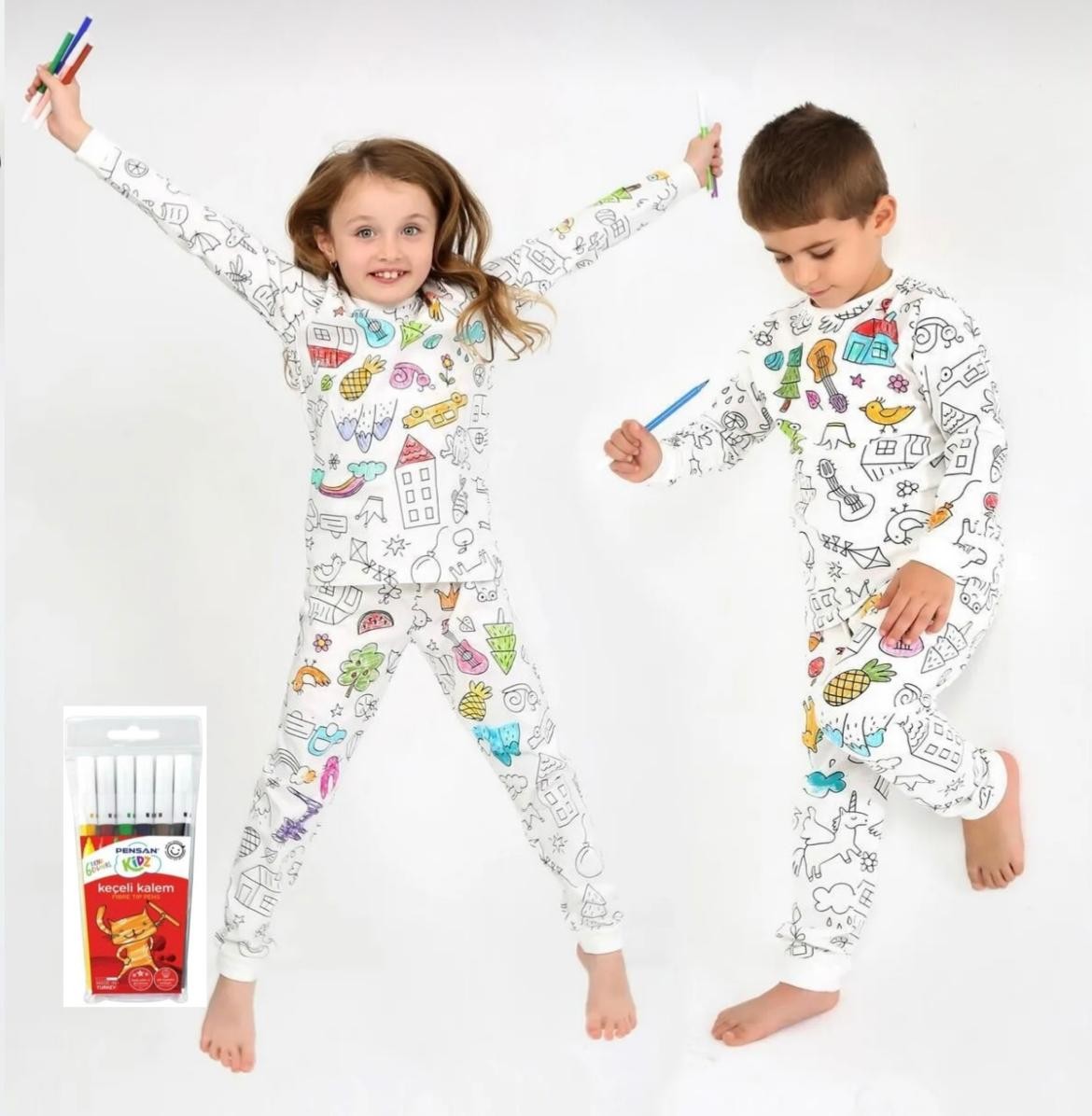 Özel Kalemli Boyanabilir Uzun Kollu Çocuk Pijama Takımı 010