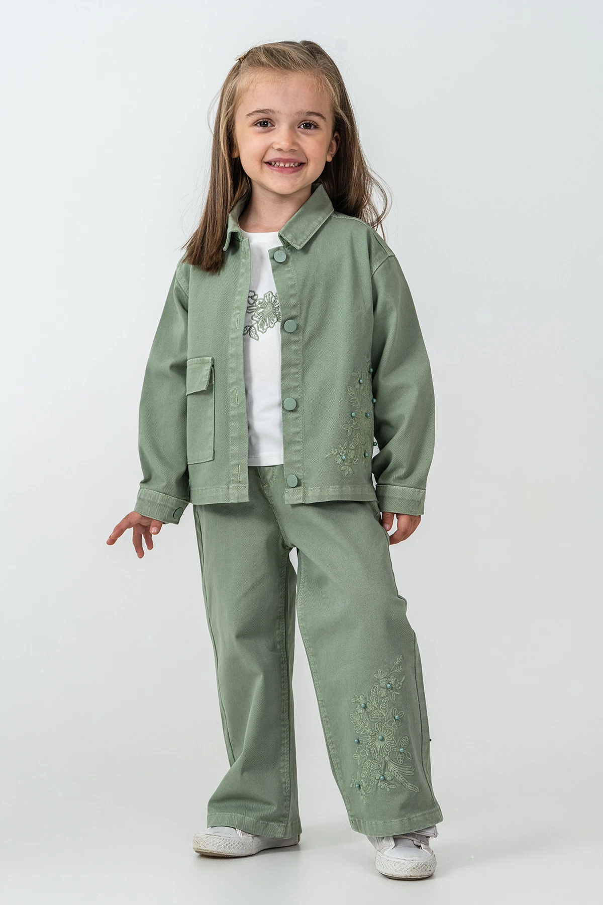 İncili Çiçek Nakışlı Kız Çocuk 3'lü Takım - 26K 6367 - Yeşil