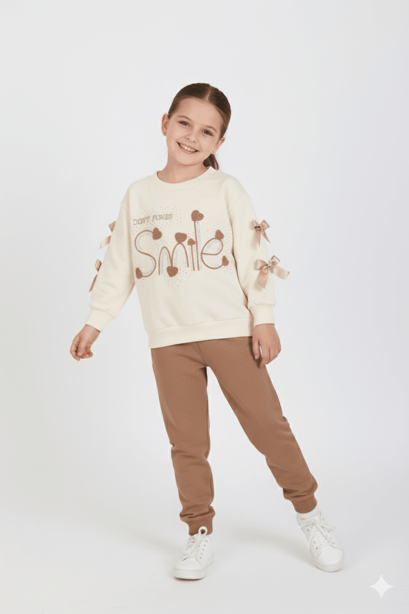 Kız Çocuk Smile Taşlı Şardonlu 2 li Takım - 6317 - Kahverengi