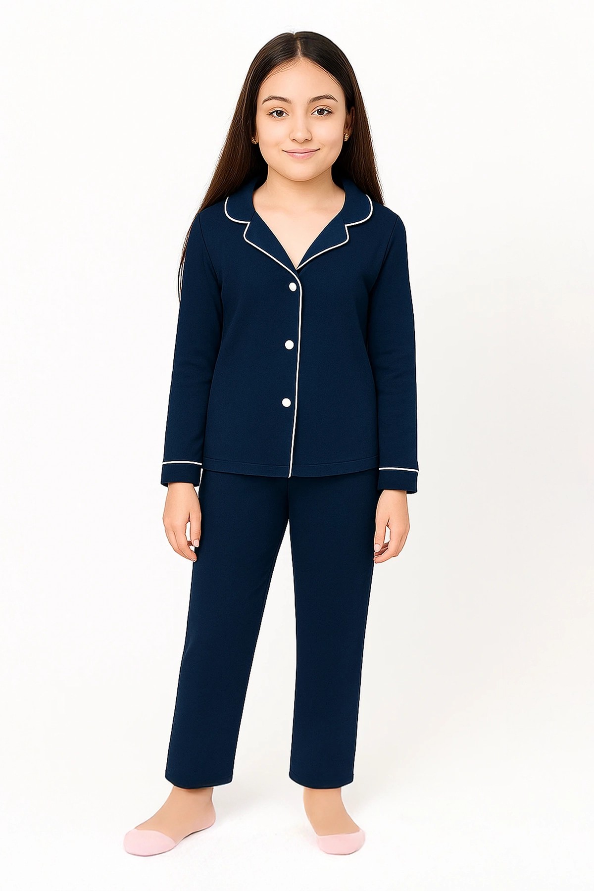 Pamuklu Düğmeli Uzun Kollu Pijama Takımı - 1507 -1508 - Lacivert