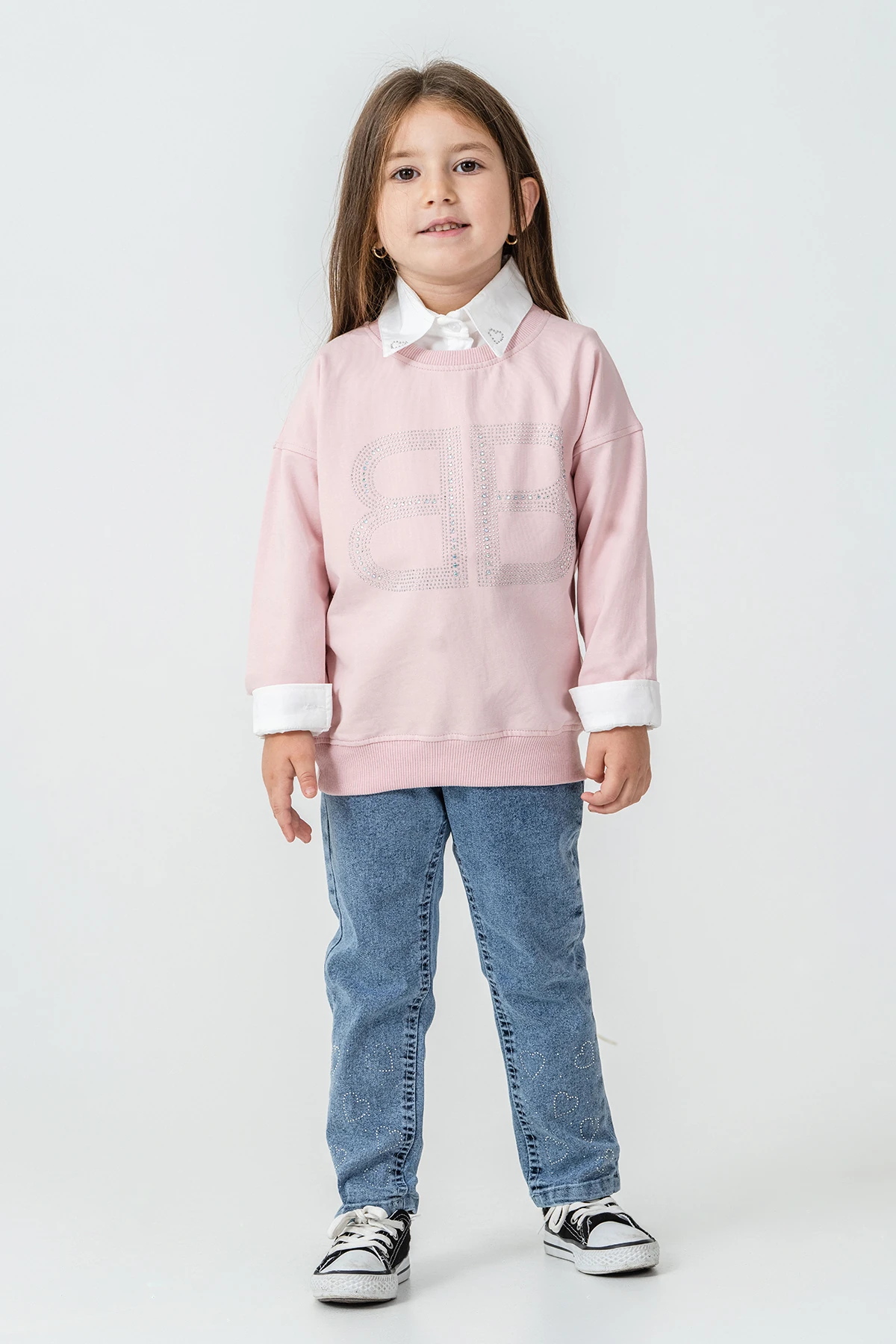 BB Taşlı Sweatshirt Kız Çocuk 3'lü Takım - 26K 6333 - Pudra