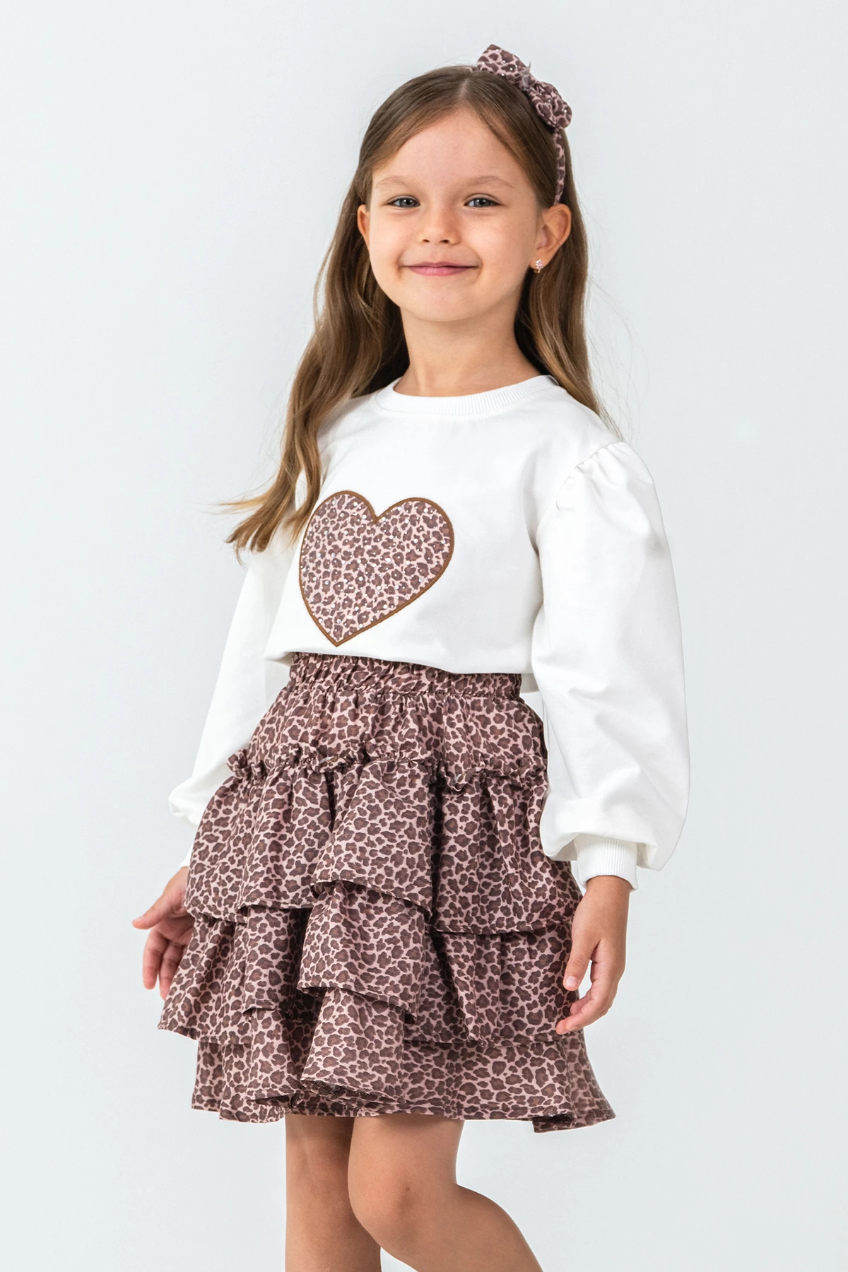 Taşlı Kalp Nakışlı Kız Çocuk 3'lü Takım - 26K 6341 - Kahve