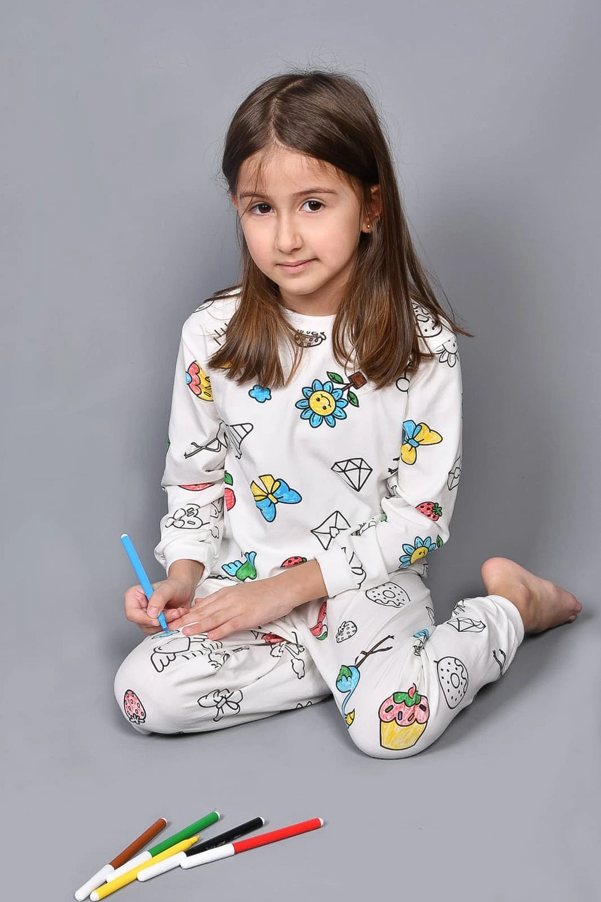 Boyanabilir Uzun Kollu Çocuk Pijama Takımı - 26K 3090 - Çiçekli