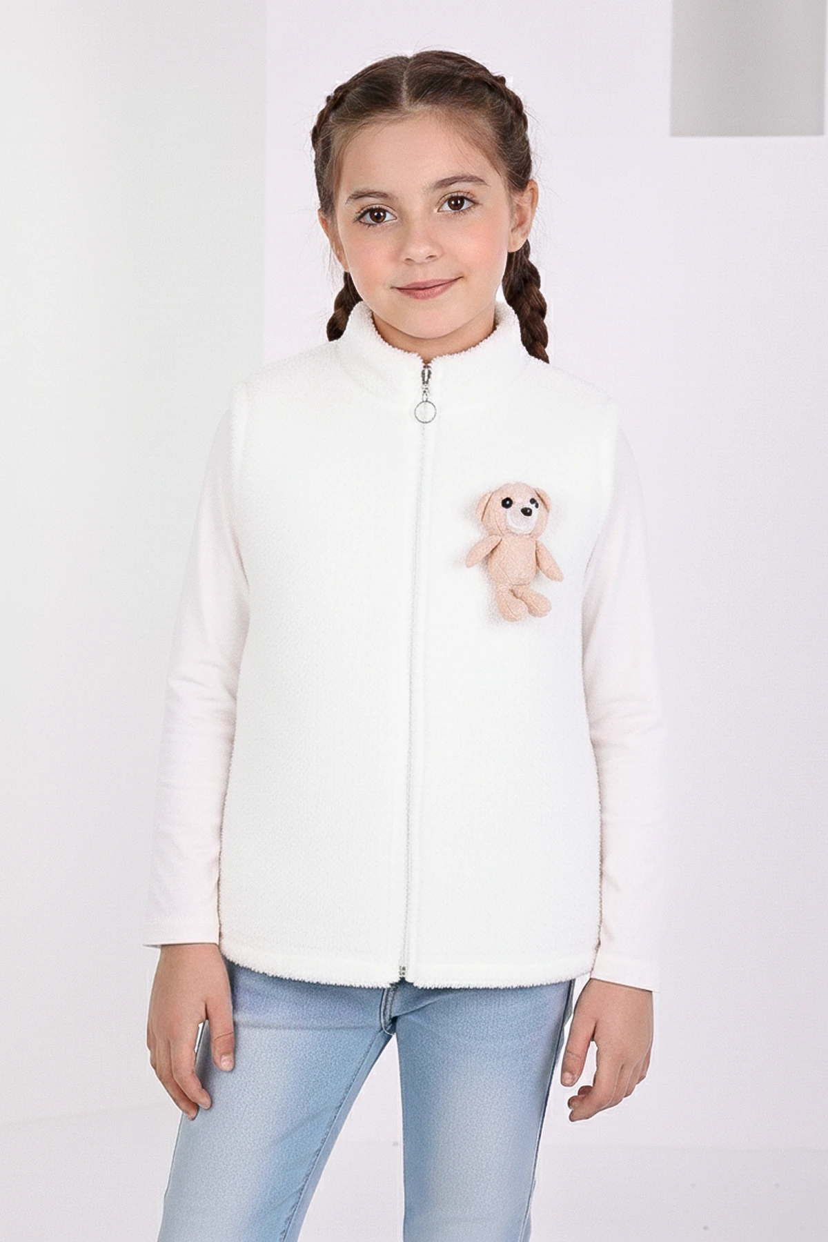Ayıcık Figürlü Fermuarlı Kız Çocuk Peluş Yelek - 26K 1003 - Beyaz