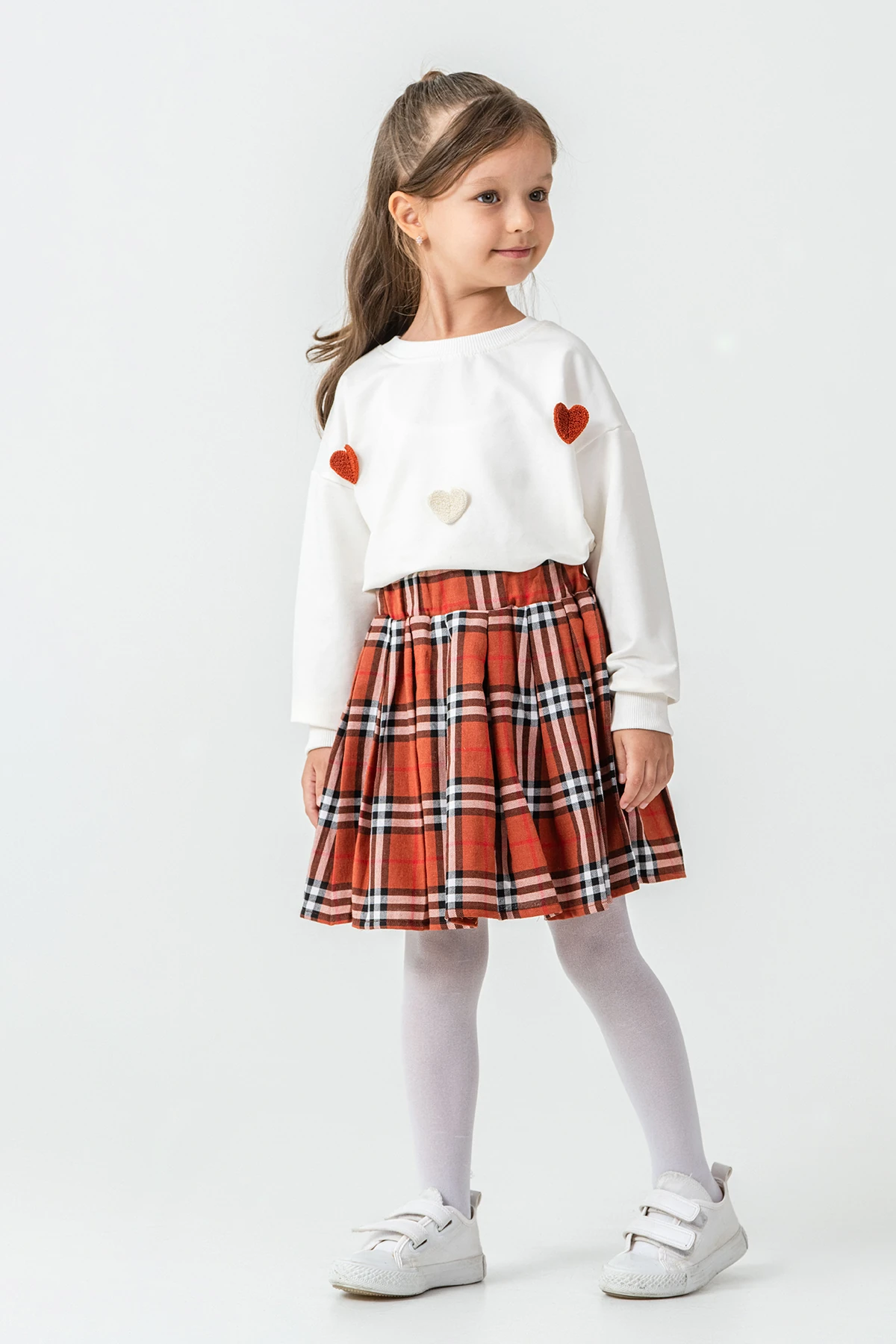 Kareli Etekli Kız Çocuk 3'lü Takım - 26K 6359 - Taba