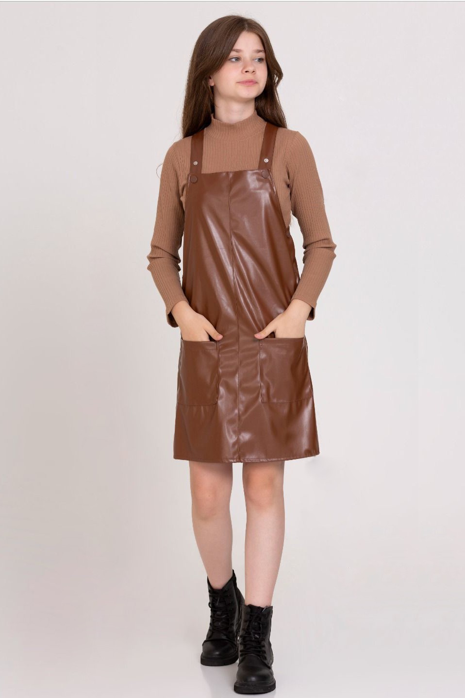 Basıc Deri Çıtçıtlı Elbise 23141 - Kahverengi