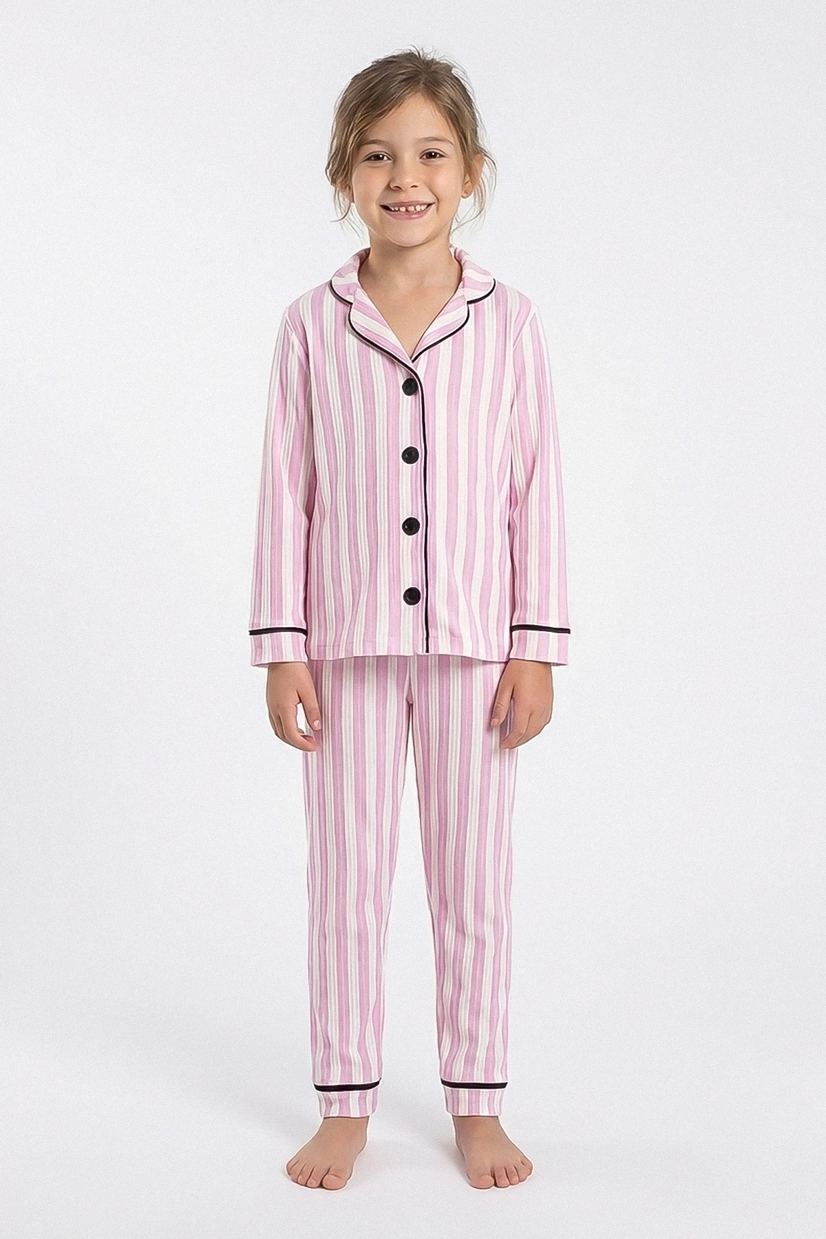 Çizgili Düğmeli Çocuk Pijama Takımı - 26K 4021 - Pembe