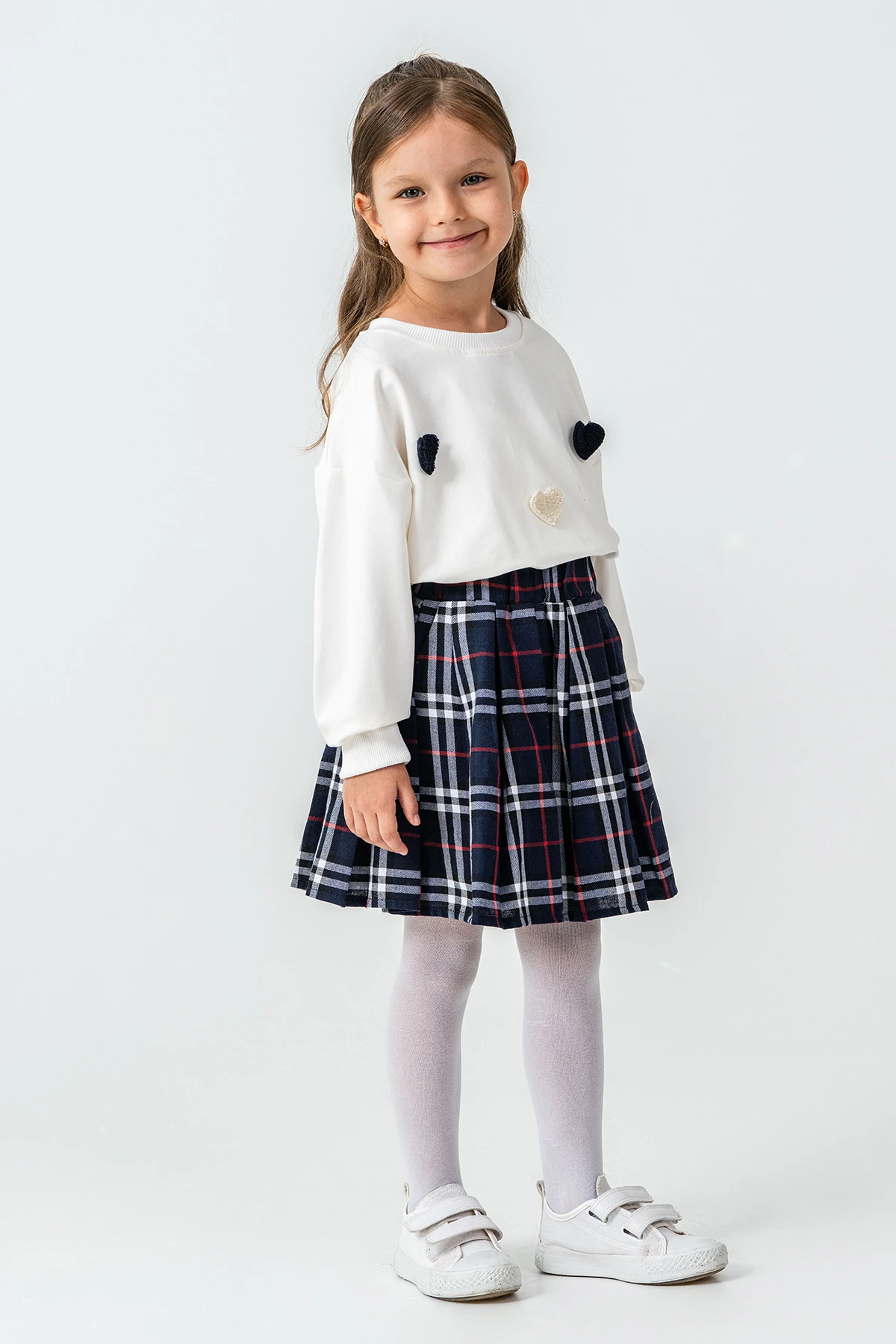 Kareli Etekli Kız Çocuk 3'lü Takım - 26K 6359 - Lacivert