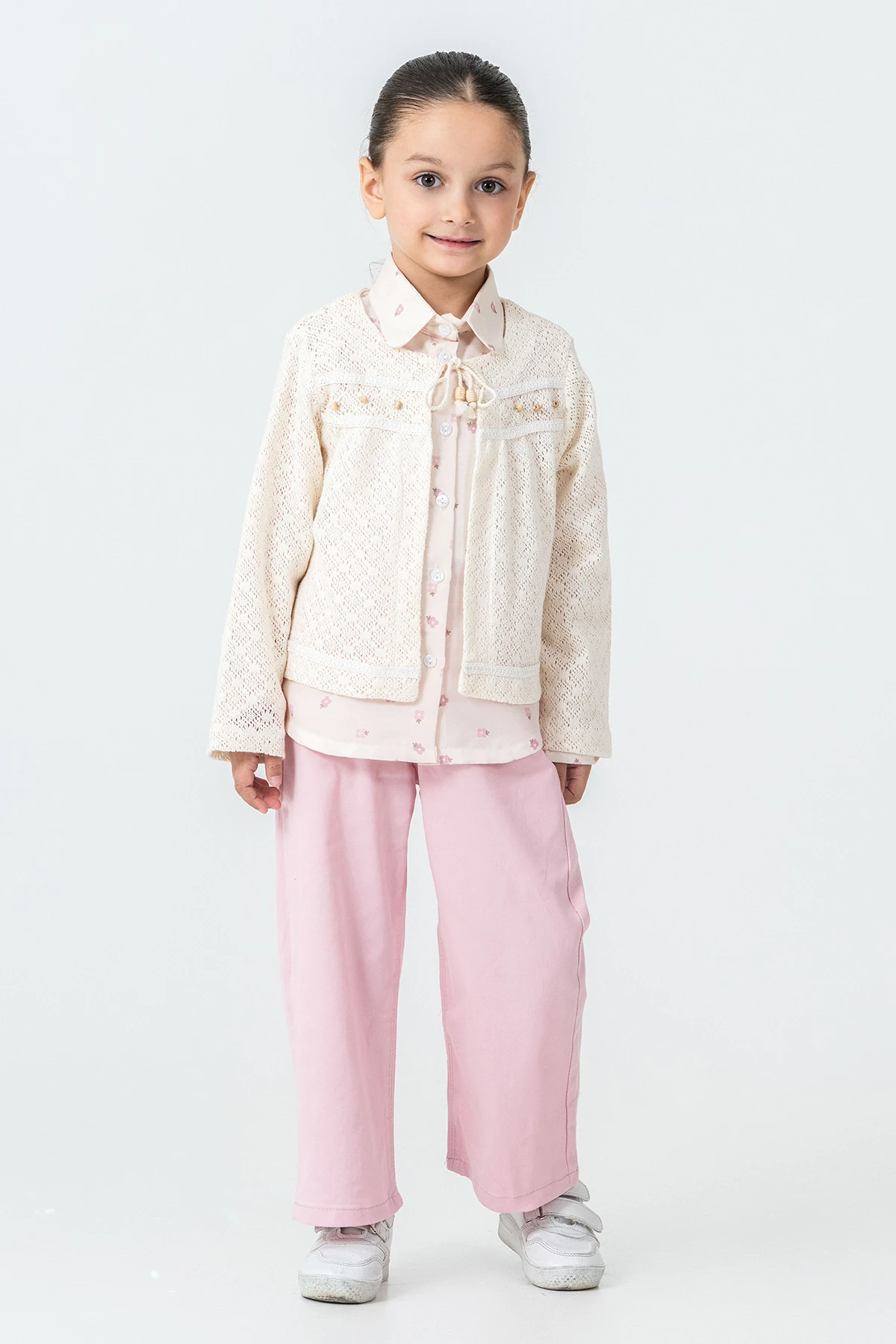 Yakası Bağlamalı Kız Çocuk 3'lü Takım - 26K 4499 - Pembe