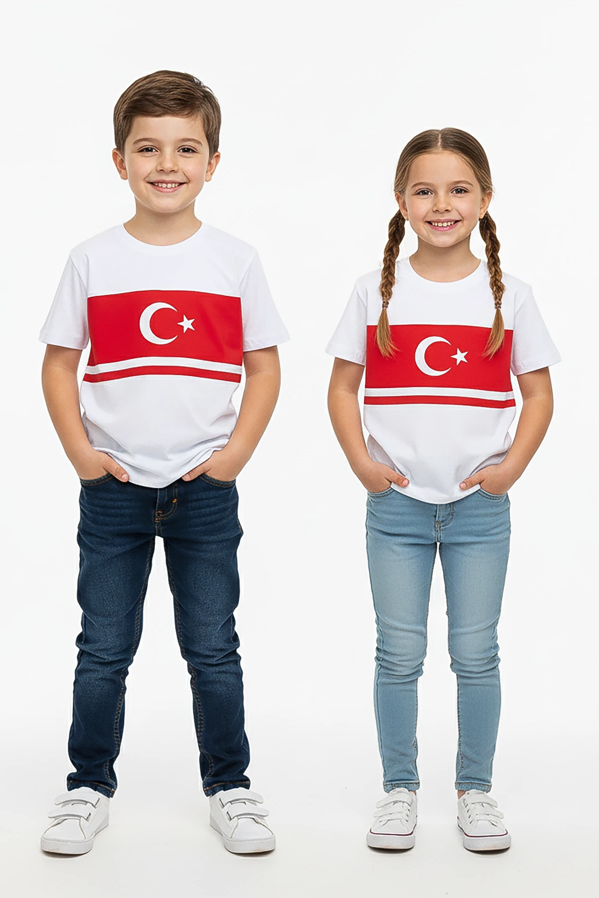 Türk Bayraklı Basic Çocuk Tişört - 26Y 1453 - Beyaz