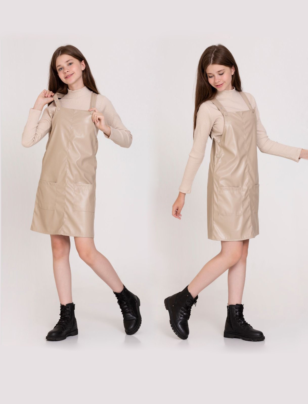 Basıc Deri Çıtçıtlı Elbise 23141 - Krem