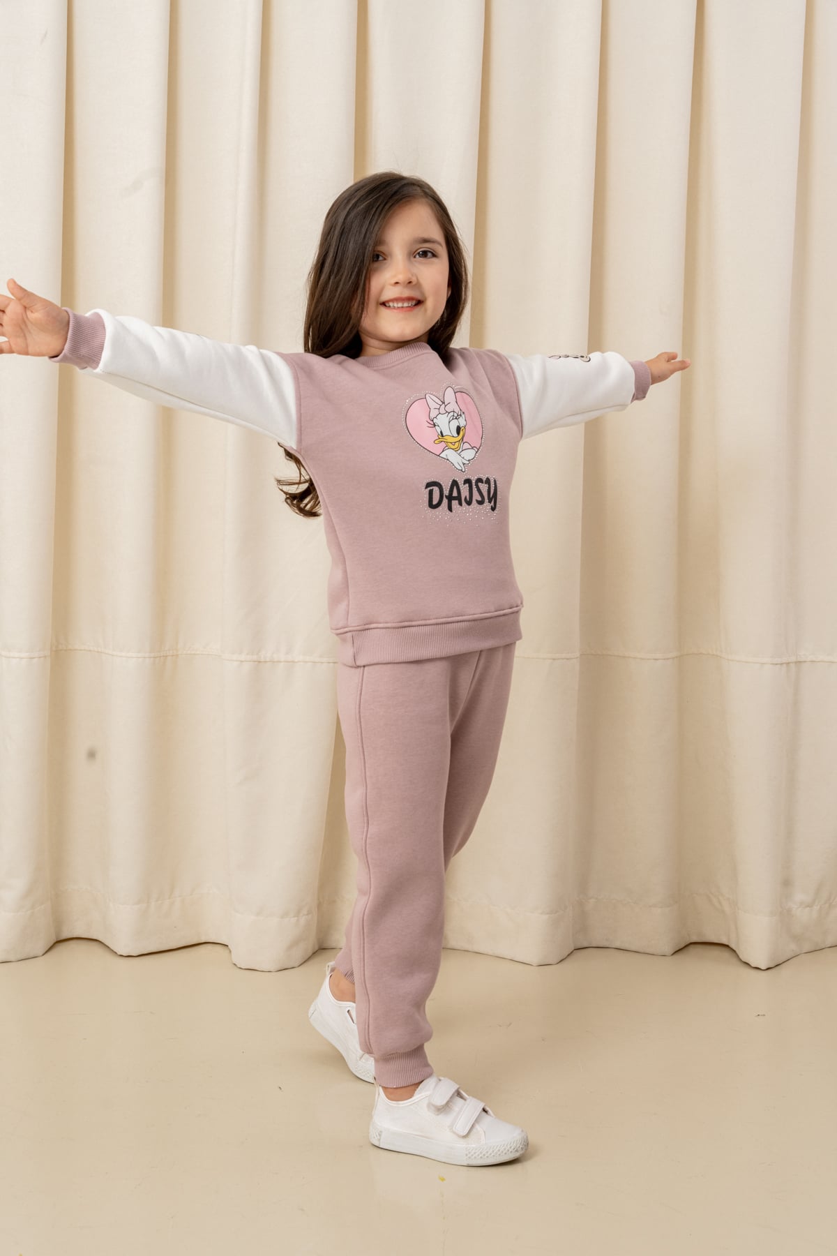 Kız Çocuk Taşlı Kalp Daisy Şardonlu 2'li Takım - 6307/6308 - Gül kurusu