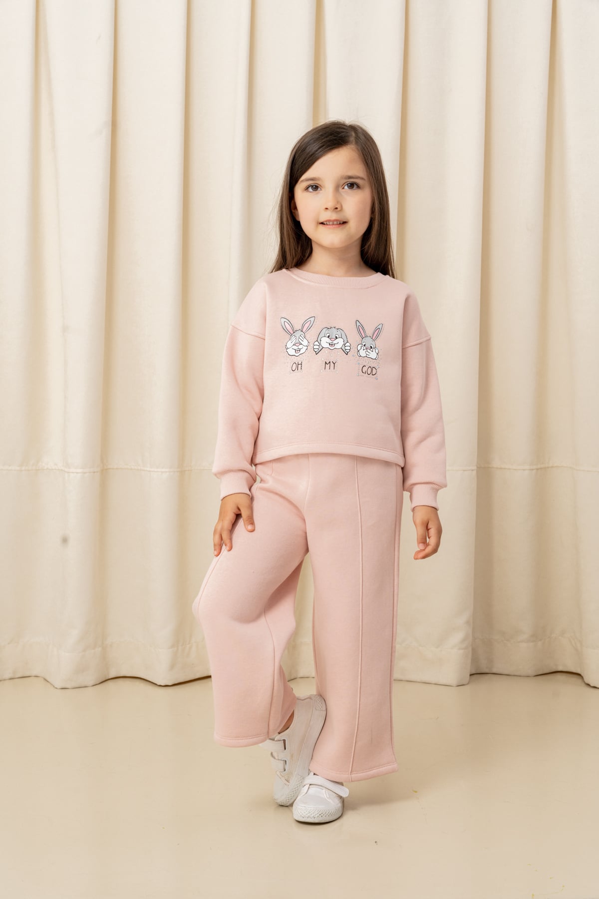 Kız Çocuk Oh My God Tavşan Baskılı 2li Takım - 6305/6306 - Pudra