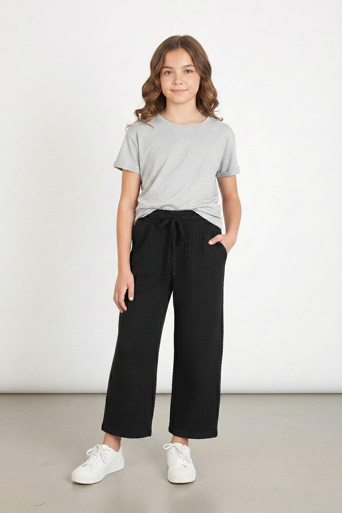 Kareli Bol Paça Yüksek Bel Kız Çocuk Pantolon - 26K 1643 - Siyah