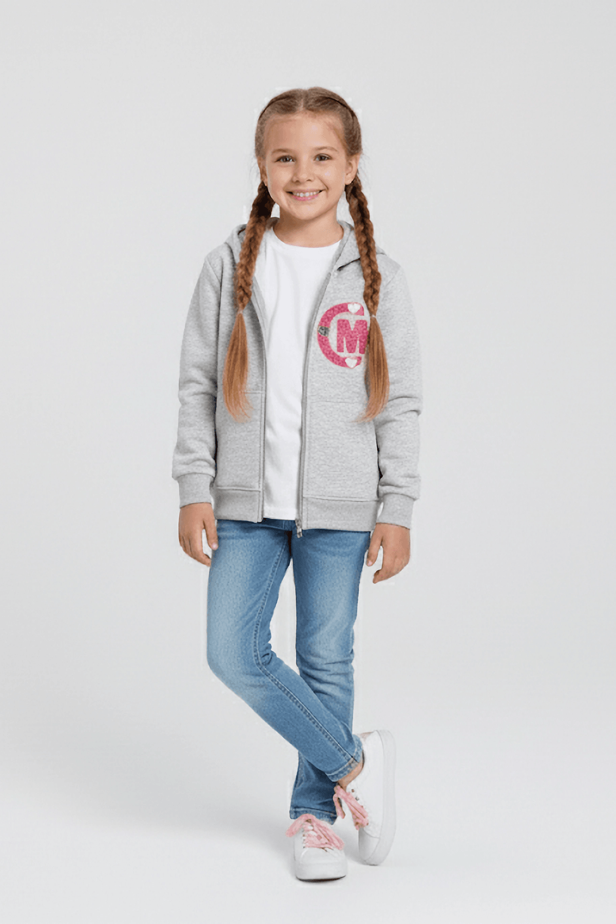 Kapüşonlu Kız Çocuk Kalın Fermuarlı Sweatshirt - Gri