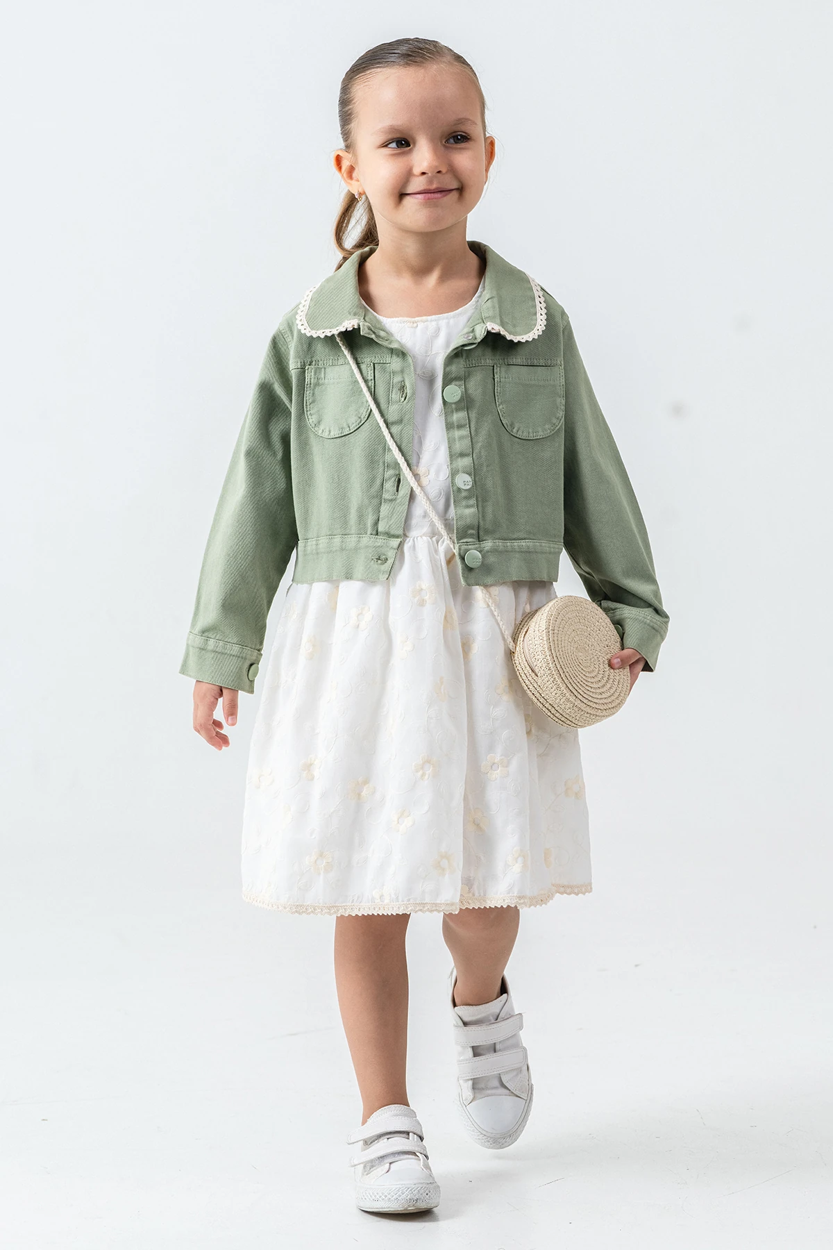 Hasır Çantalı Nakışlı Kız Çocuk 3'lü Takım - 26K 7265 - Yeşil