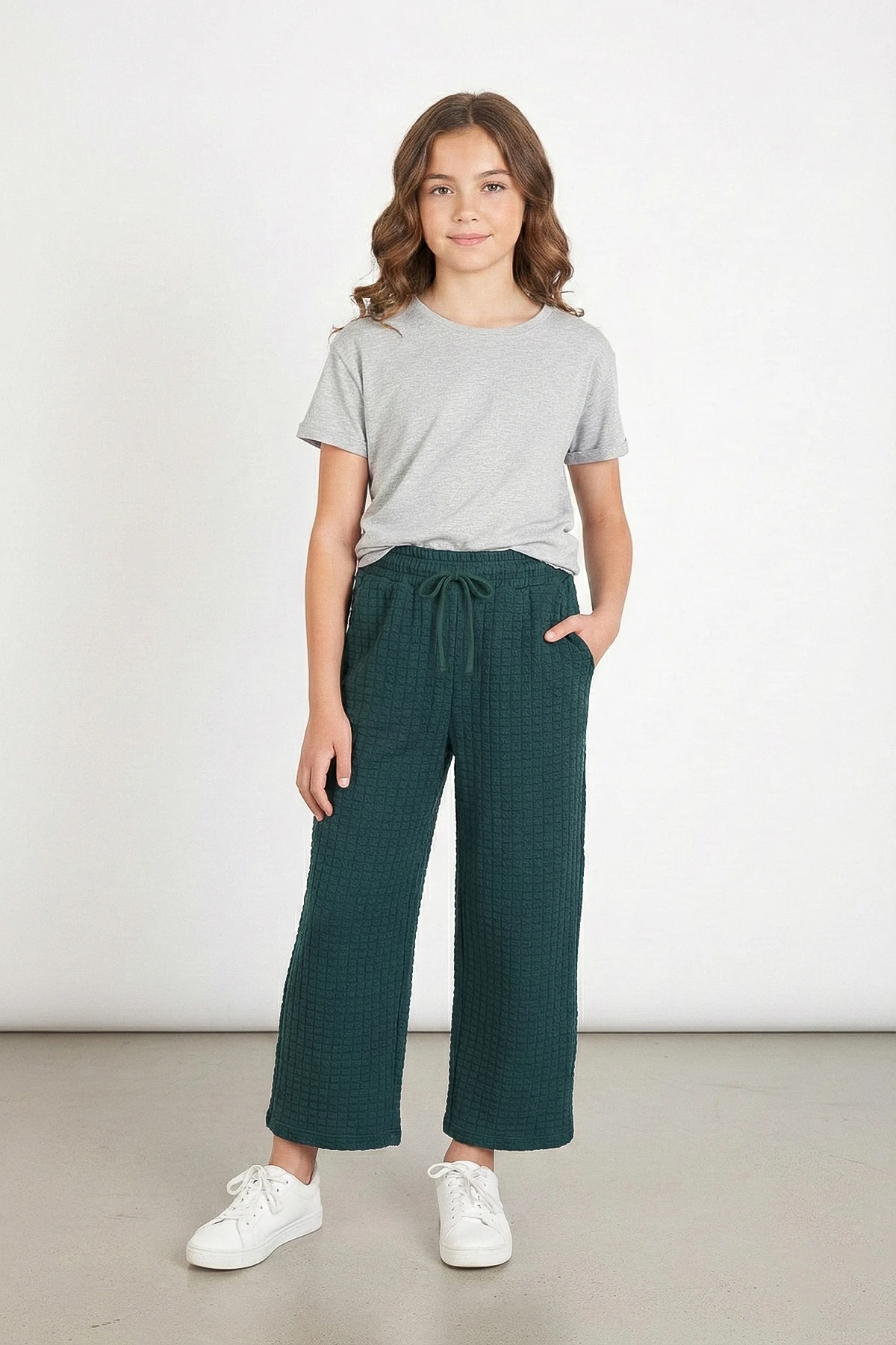 Kareli Bol Paça Yüksek Bel Kız Çocuk Pantolon - 26K 1643 - Yeşil