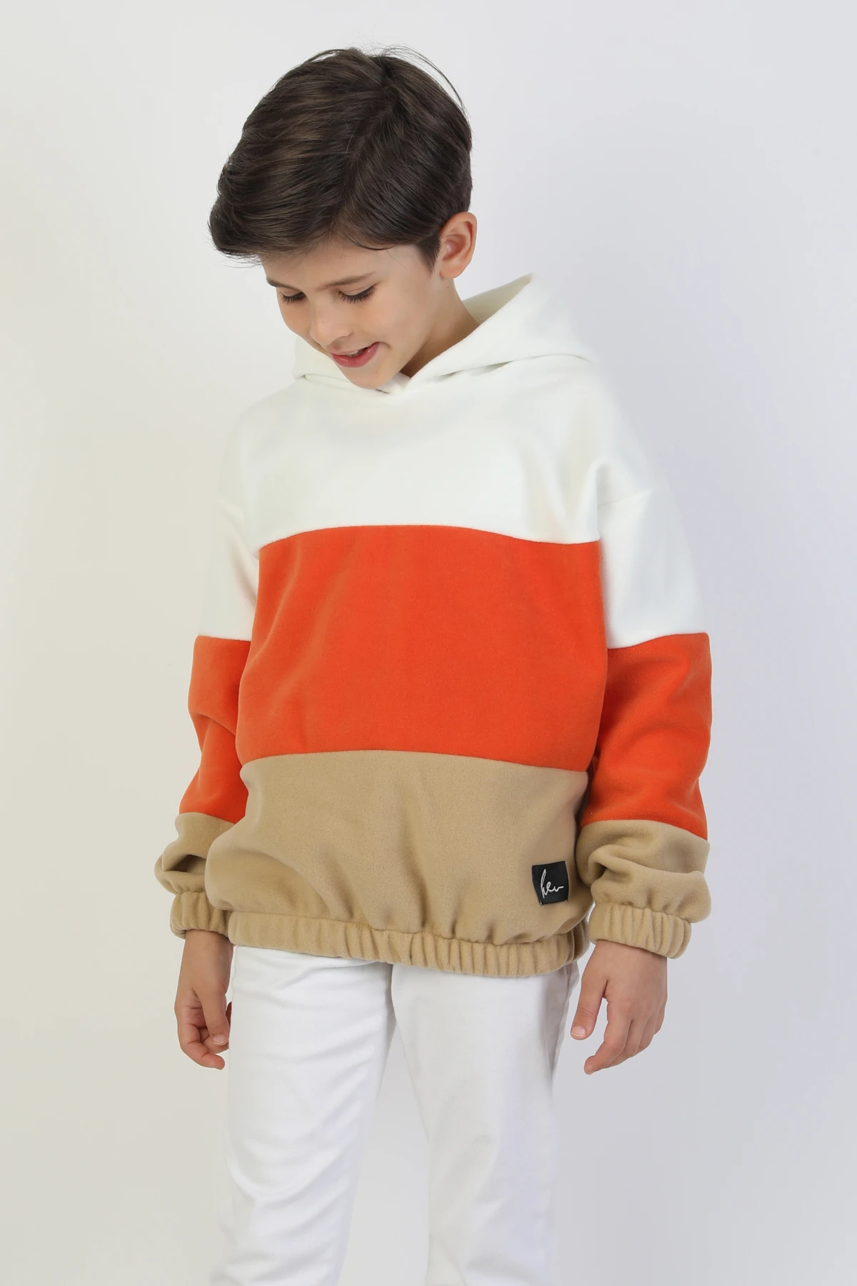 Kapüşonlu Lastikli Çocuk Polar Sweatshirt - 26K 4491 - Beyaz Turuncu