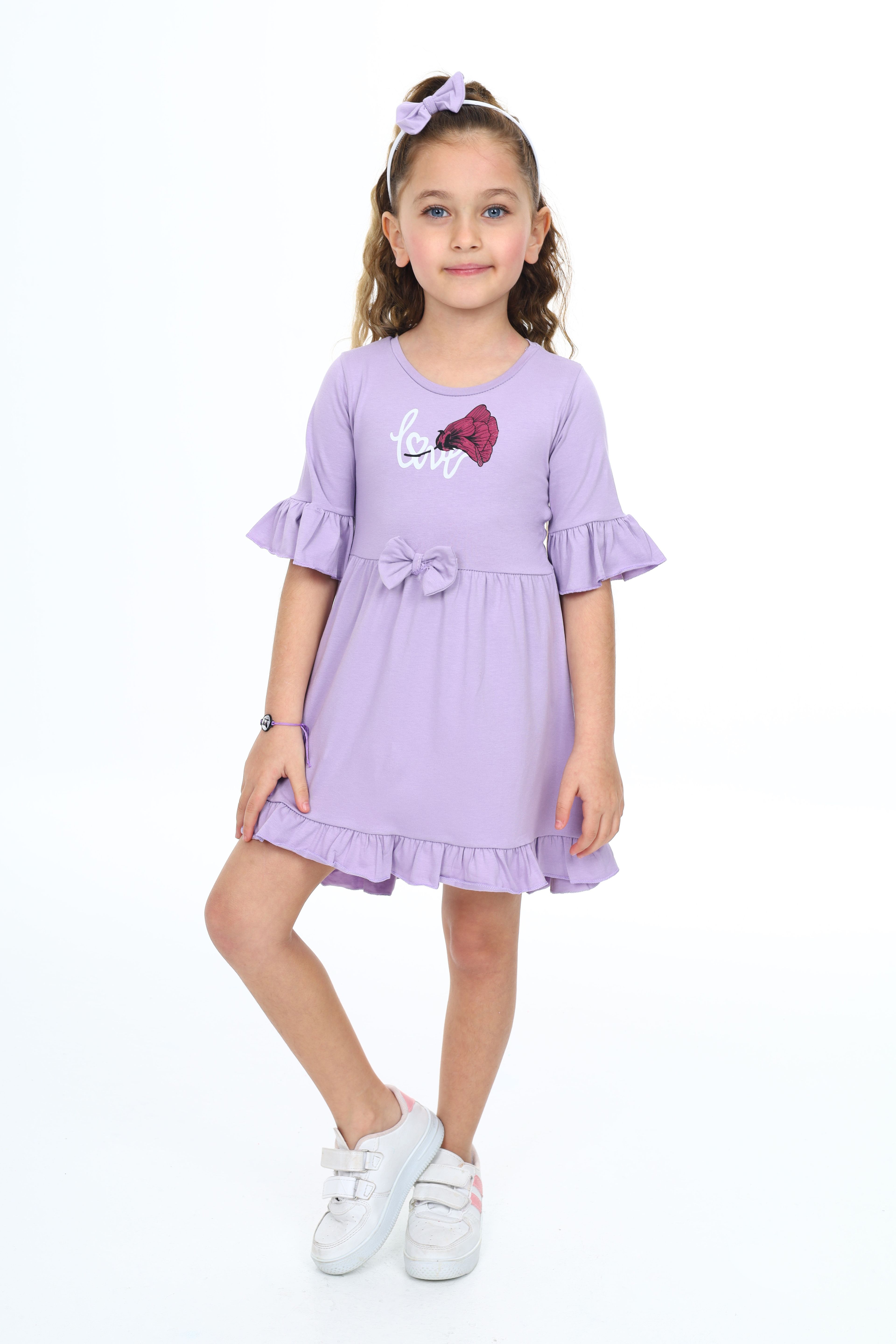 LOVE GÜL BASKILI FİYONKLU ELBİSE 235980 - Lila