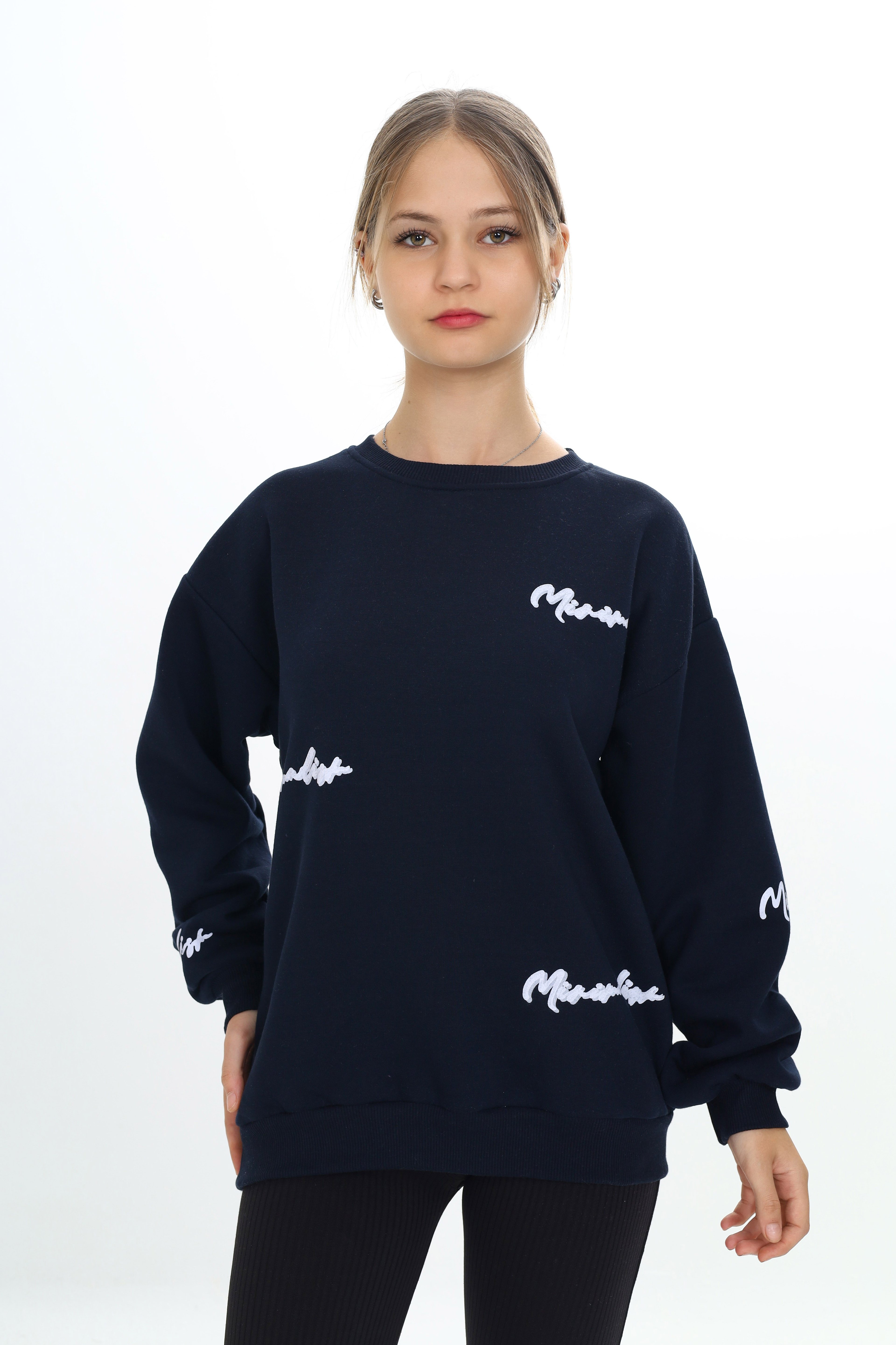 ATB-502872-3 Minimalist Baskılı Bisiklet Yaka 3 İplik Sweatshirt - Lacivert