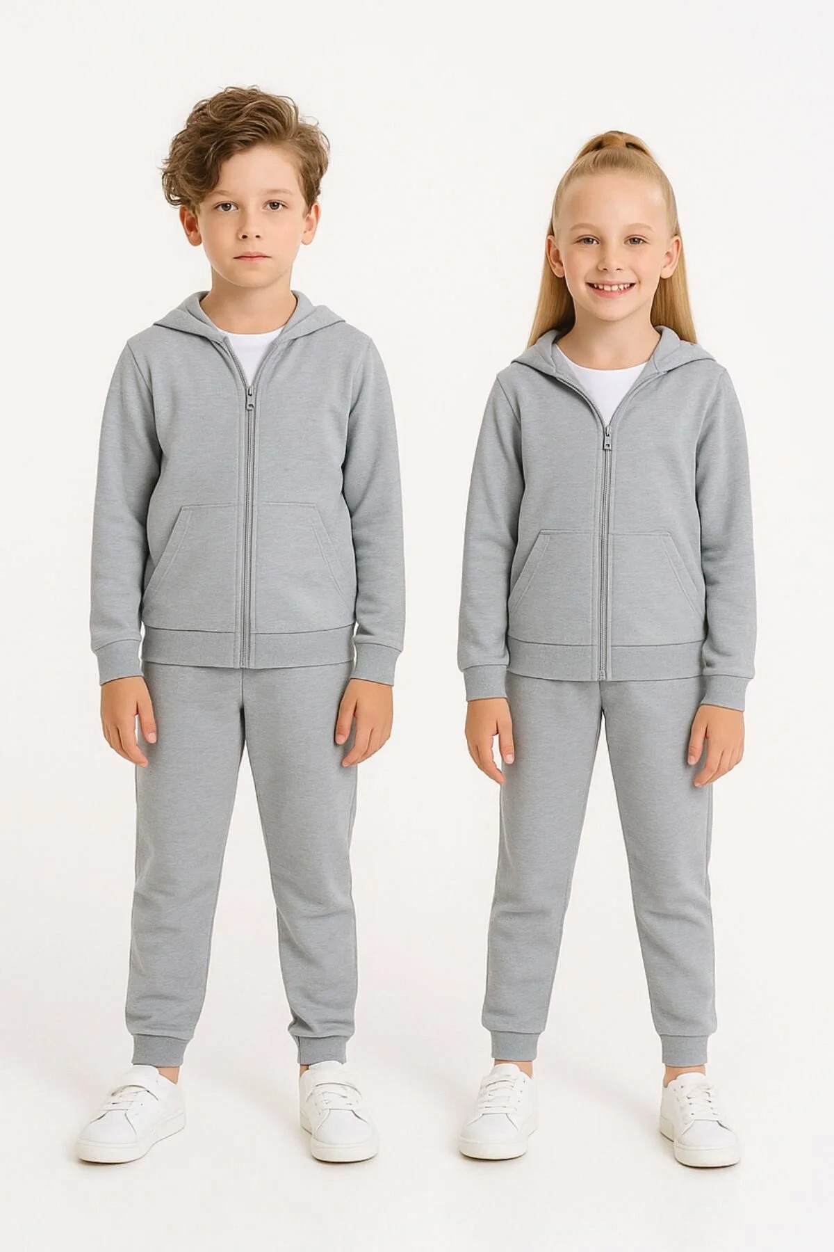 Unisex Çocuk Basic Fermuarlı Kapşonlu Takım - 25002 - Gri