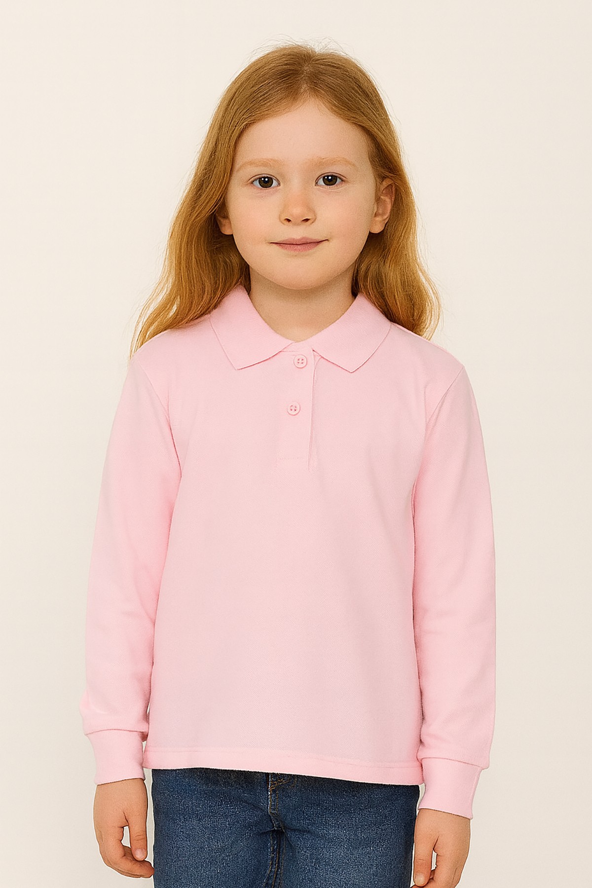 Unisex Uzun Kollu Polo Yaka Pamuklu Okul Tshirt - 2309 - Pembe