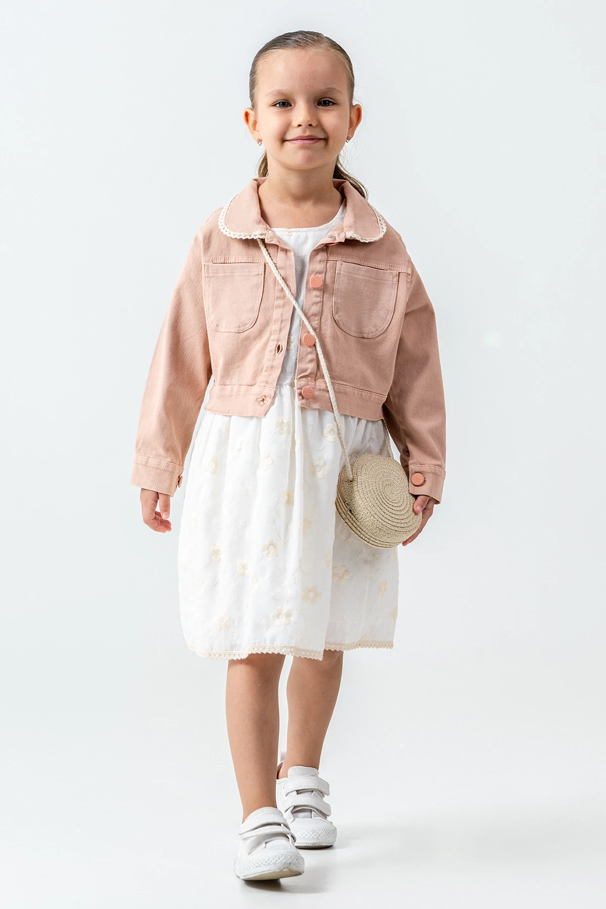 Hasır Çantalı Nakışlı Kız Çocuk 3'lü Takım - 26K 7265