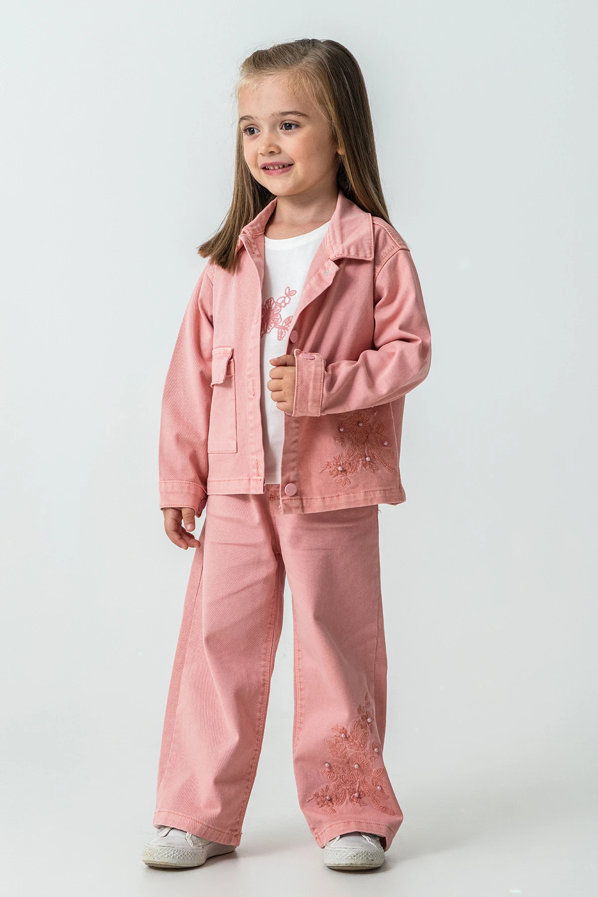 İncili Çiçek Nakışlı Kız Çocuk 3'lü Takım - 26K 6367 - Gül kurusu