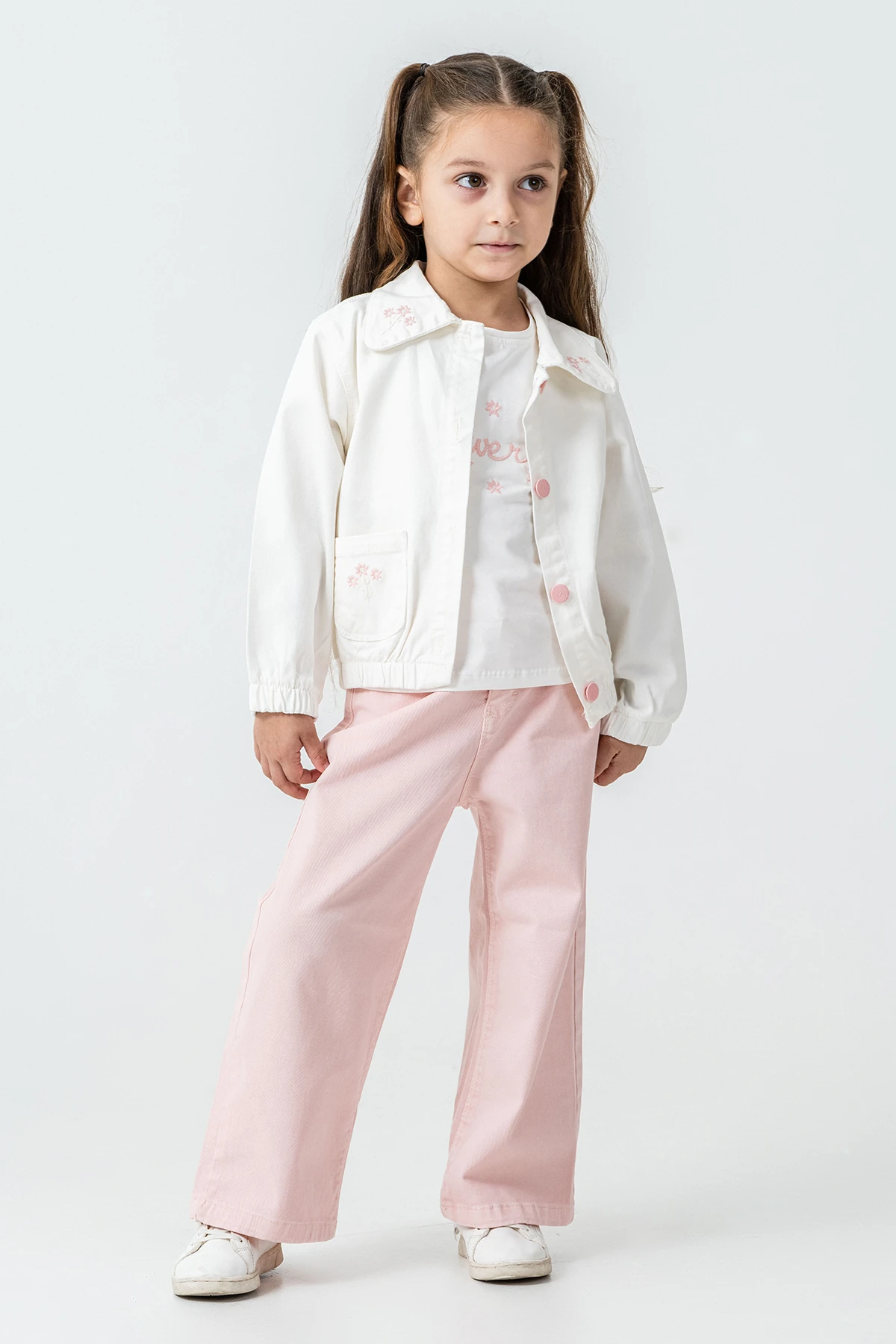 Flowers Nakışlı Kız Çocuk 3'lü Takım - 26K 6355 - Pudra