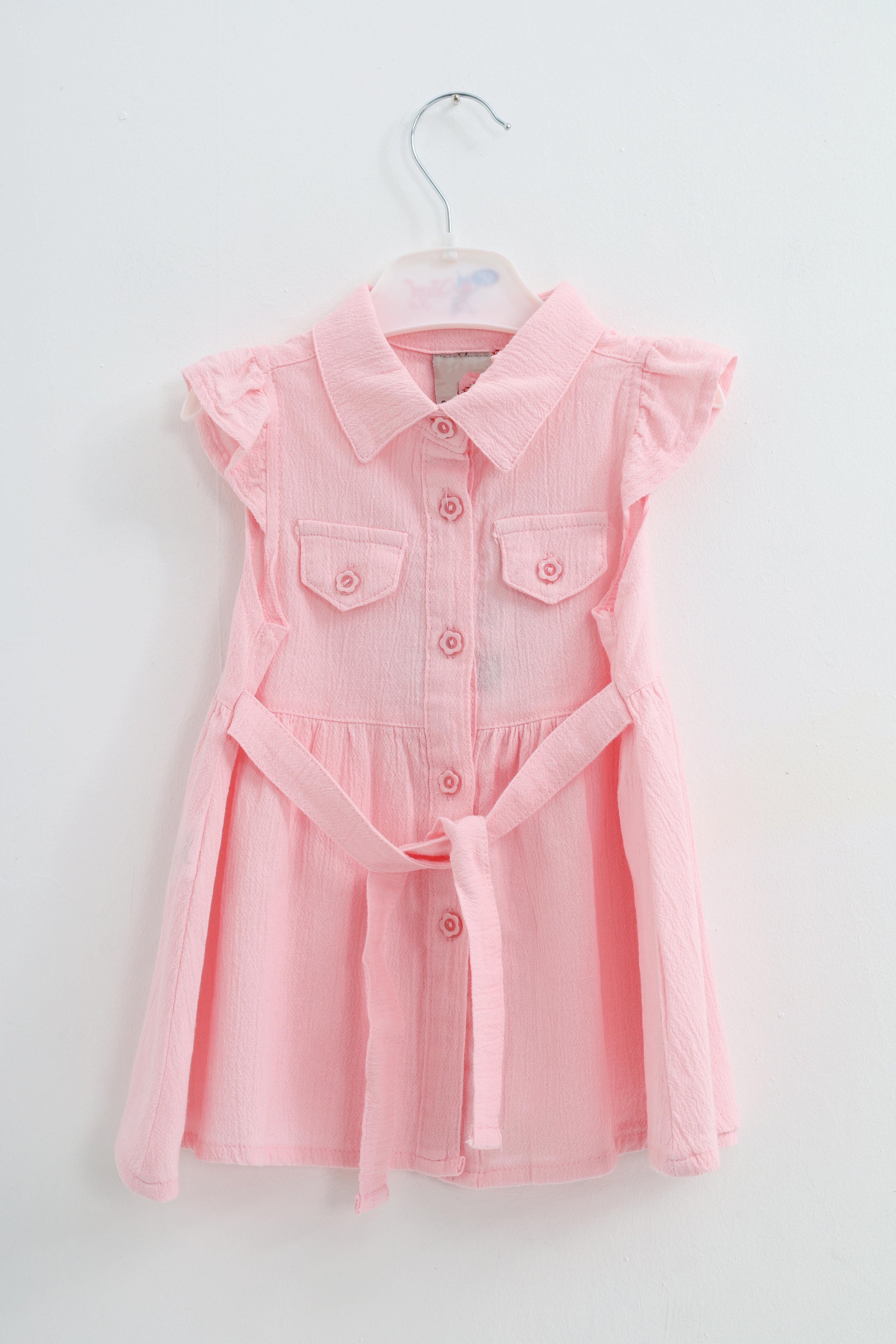 Bel Bağlamalı Basic Keten Elbise 0316 - Pembe