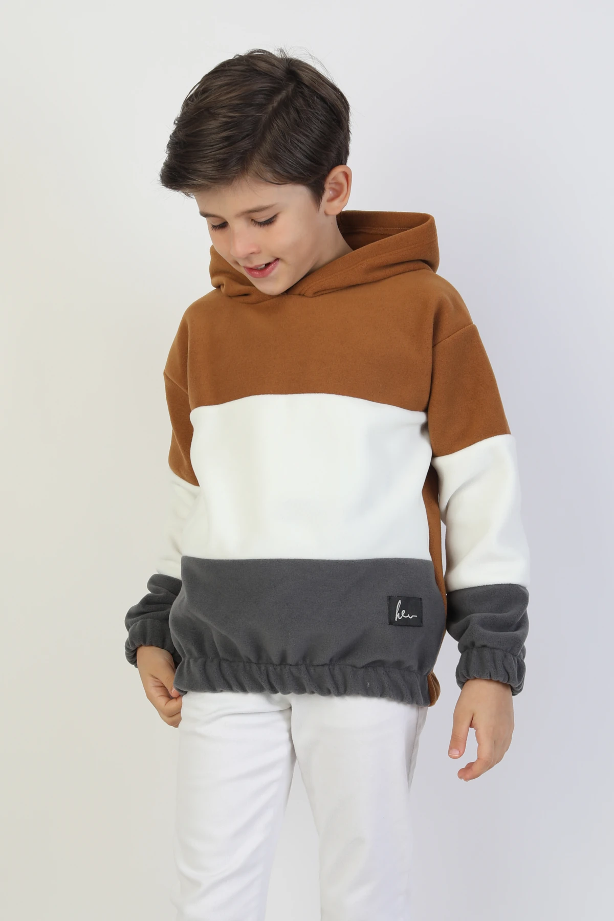 Kapüşonlu Lastikli Çocuk Polar Sweatshirt - 26K 4491 - Kahve Beyaz