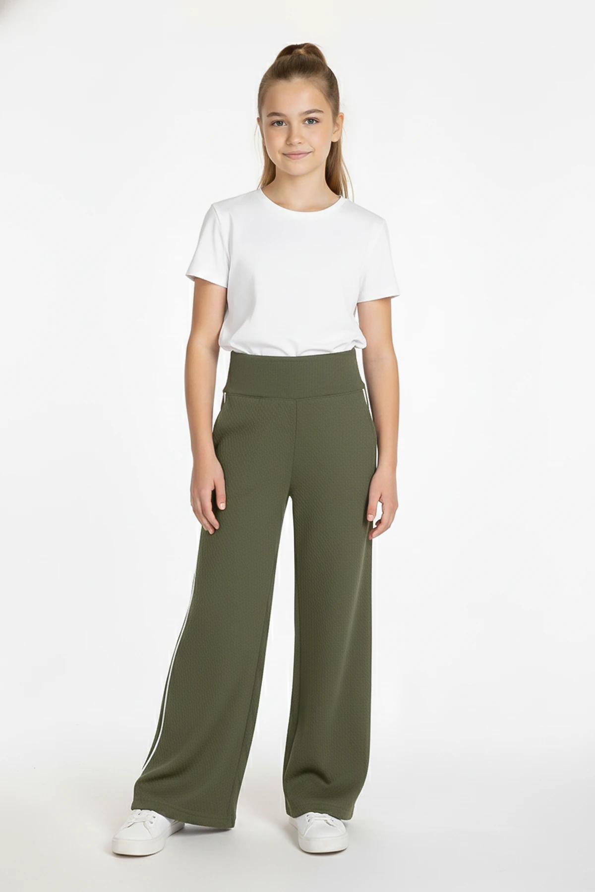 Zerda Kumaş Biyeli Yüksek Bel Kız Çocuk Tayt - 26K 1552 - Haki