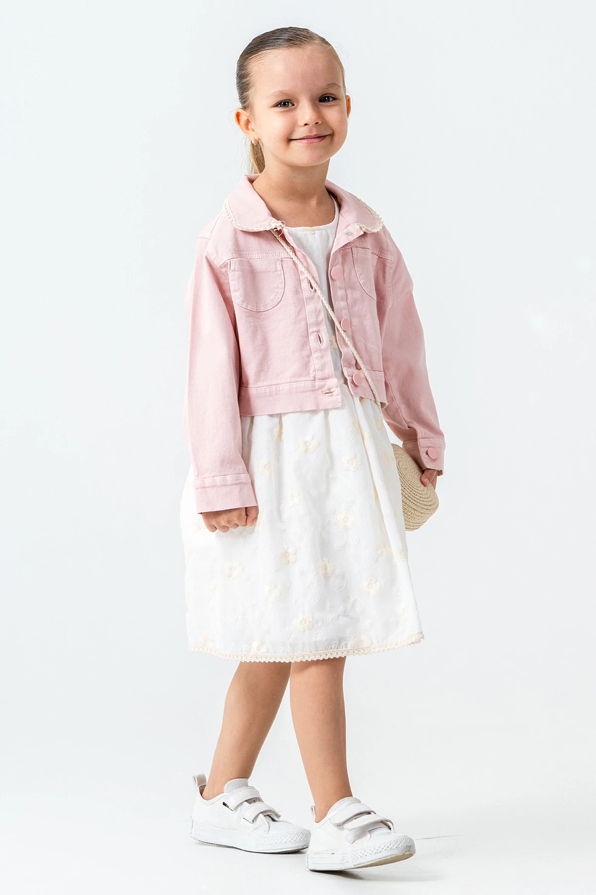 Hasır Çantalı Nakışlı Kız Çocuk 3'lü Takım - 26K 7265 - Pudra