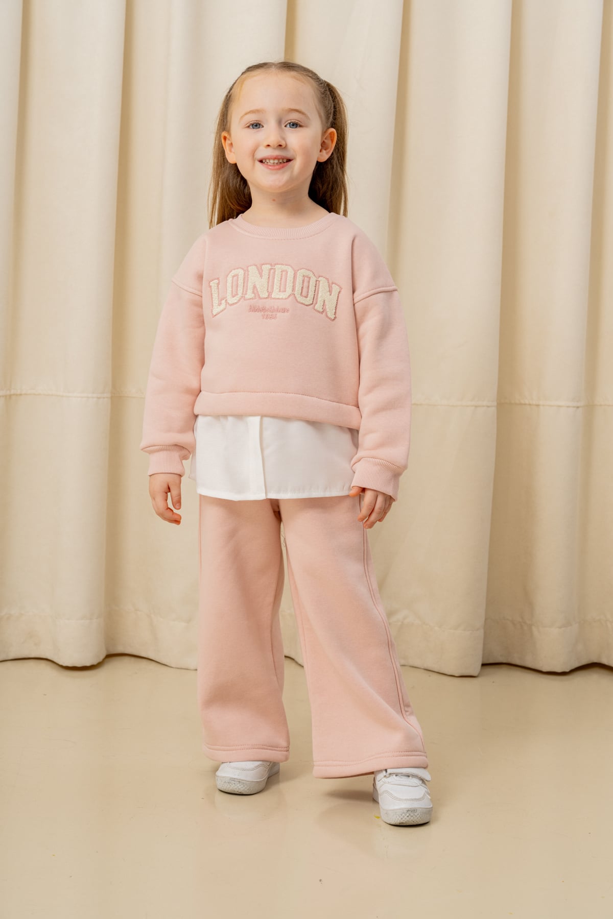 Kız Çocuk London Nakışlı Şardonlu 2 li Takım - 3266/3265 - Pudra