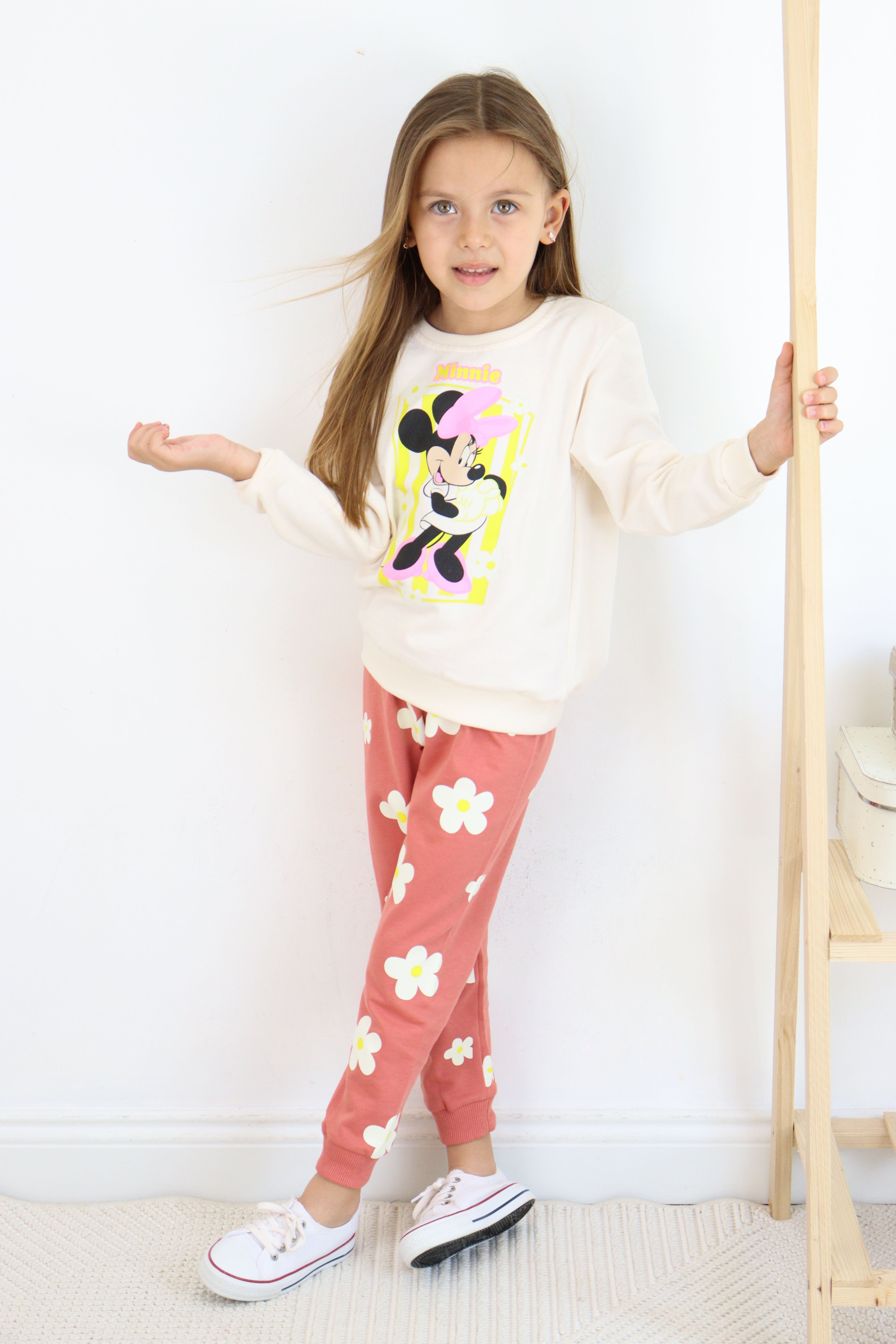 ZRA-0271-0272 Kurdelalı Minnie Mouse Baskılı Alt Üst Takım - Somon
