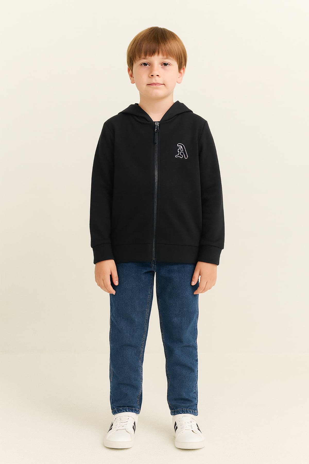 Şardonlu Kapüşonlu Çocuk Okul Sweatshirt A Nakışlı - 602202 - Siyah